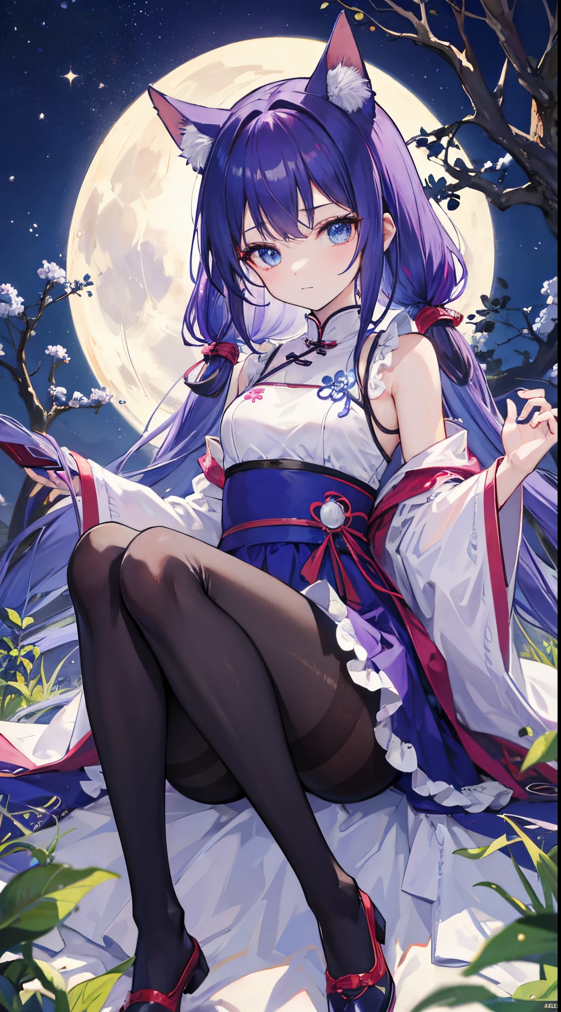(8K、Top image quality、top-quality、masterpiece)、1 li、Purple hair、Twin-tailed、Cat's ears、Blue eyes、glareing、Smaller chest、purple tight chinese clothes、sleeveless、((black pantyhose))、natta、a moon、Sit on a tree branch、Taken from below、