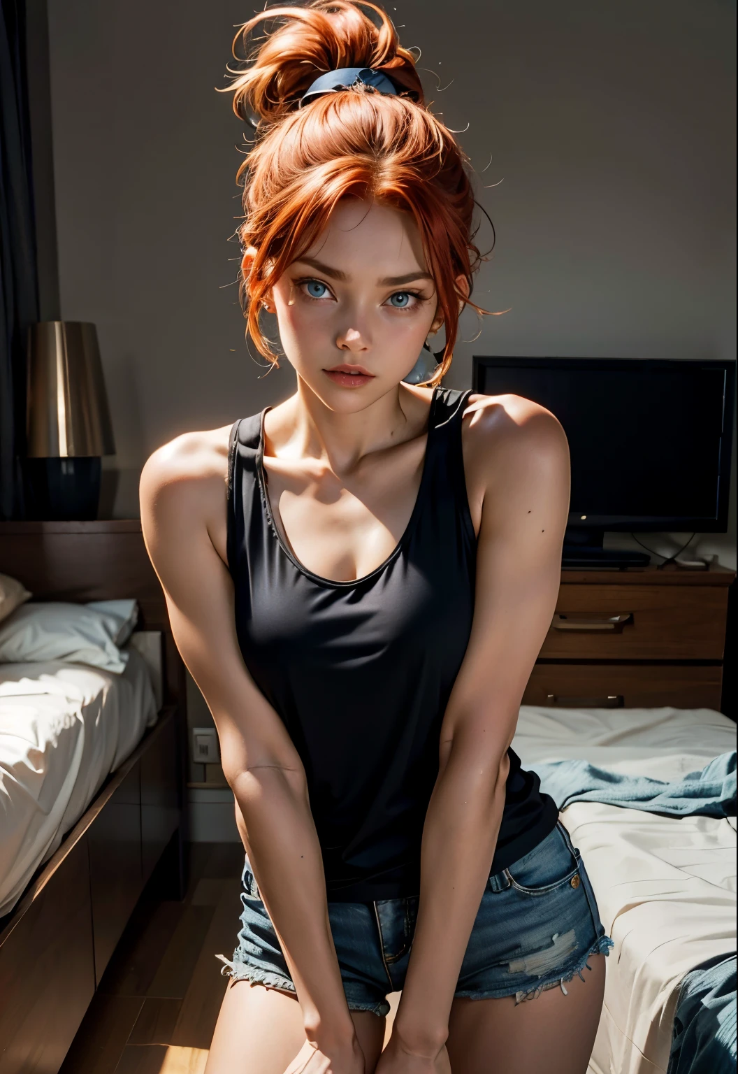 Beautiful redhead, blue eyes, Ponytail, Beautiful, in the bedroom, serious expression, sexy, pretty, black tank top, black short shorts, strong