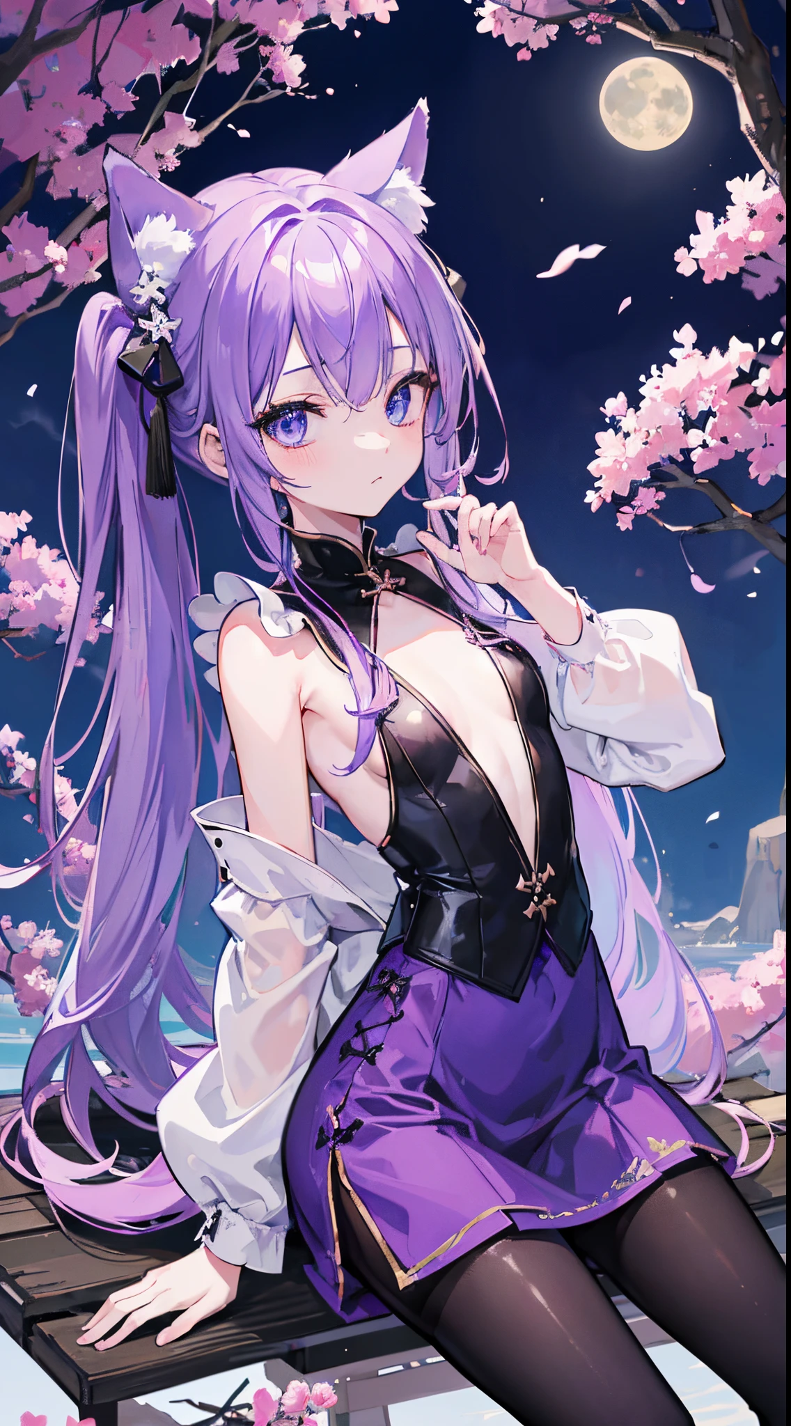 (8K、Top image quality、top-quality、masterpiece)、1 li、Purple hair、Twin-tailed、Cat's ears、Blue eyes、glareing、Smaller chest、purple tight chinese clothes、sleeveless、((black pantyhose))、natta、a moon、Sit on a tree branch、Taken from below、cowboy shot