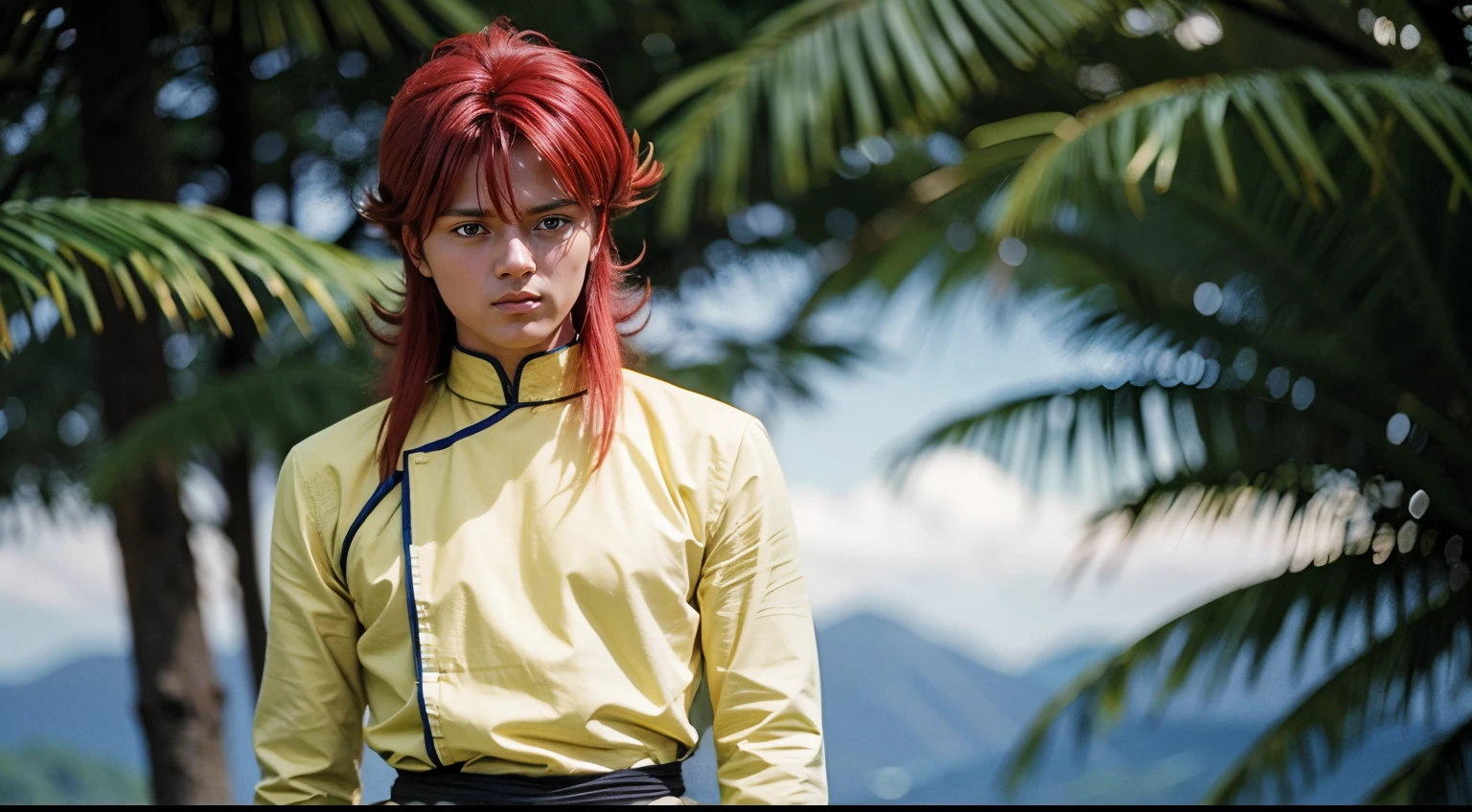 masterpiece, best quality, 1boy, kuramaalt, long hair, red hair, green eyes, yellow chinese clothes, white long sleeves, white pants, solo, standing, contrapposto, background, realistic, detailed eyes, detailed face