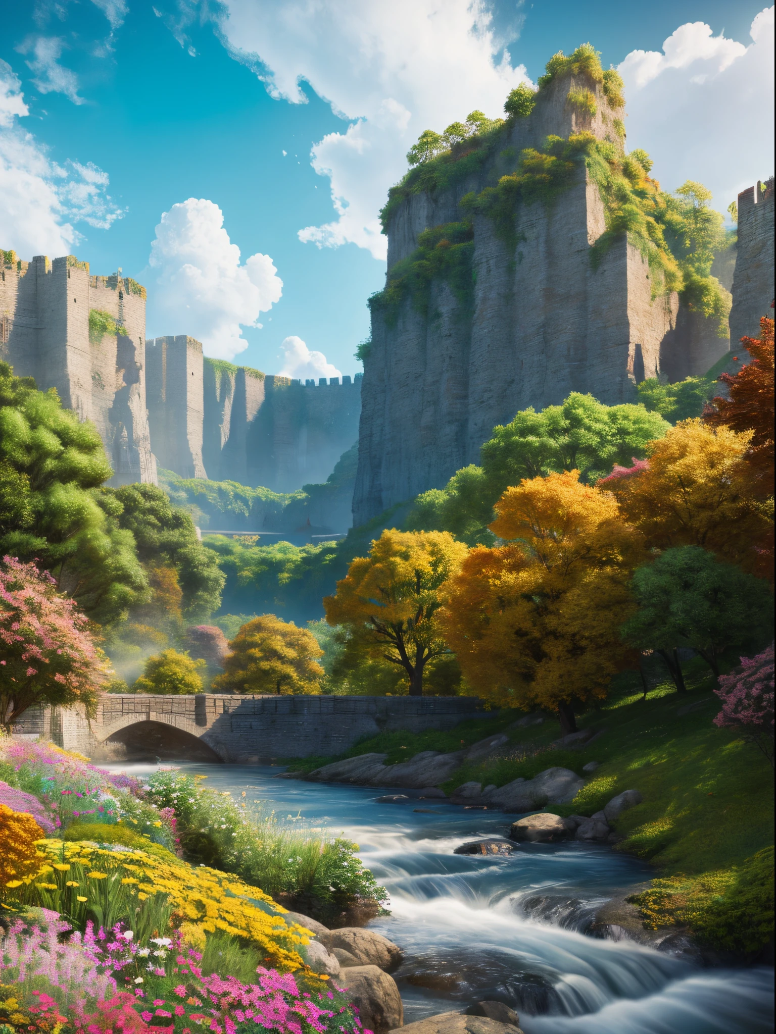 masutepiece, Best Quality, High quality, highly detailed CG unit 8k wallpaper, landscape, plein air, skyporn, cloud, day, Great medieval castle, No humans, mont, landscape, Water, tree, Blue sky, Waterfall, cliff, Nature, lake, River, vila, Autumn, Cloudy sky, colorful flower, awardwinning photo, Bokeh, depth of fields, nffsw, bloom, chromatic abberation, Photorealistic, Extremely detailed, Trending in art stations, CGsociety trend, with an intricate, high detailing, Dramatic, Art by Midjourney