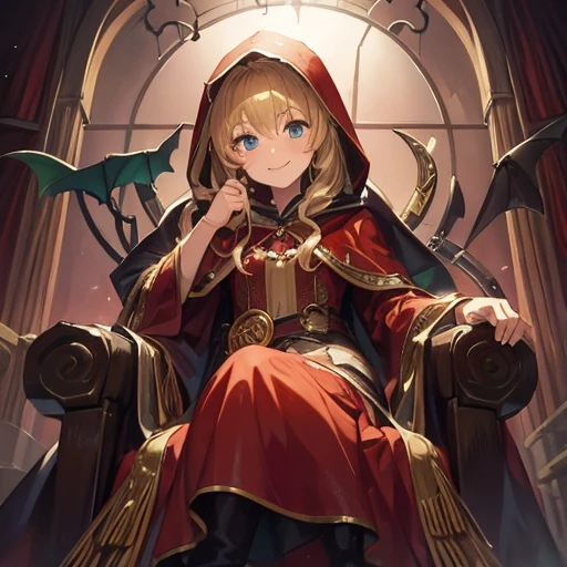 Best Quality、Little Red Riding Hood、12year old、Green eyes、a blond、de pele branca、Composition looking up from below、Demon King's Castle、the emperor、Sitting on a throne、Smiling smile、Sharp eyes、Cool、curlyhair、The long-haired、The hood completely covers the head、hood over the shoulders、Women's men、loki、cunning witch、Dark gold hair、gorgeous hair color、Detailed and realistic expression、