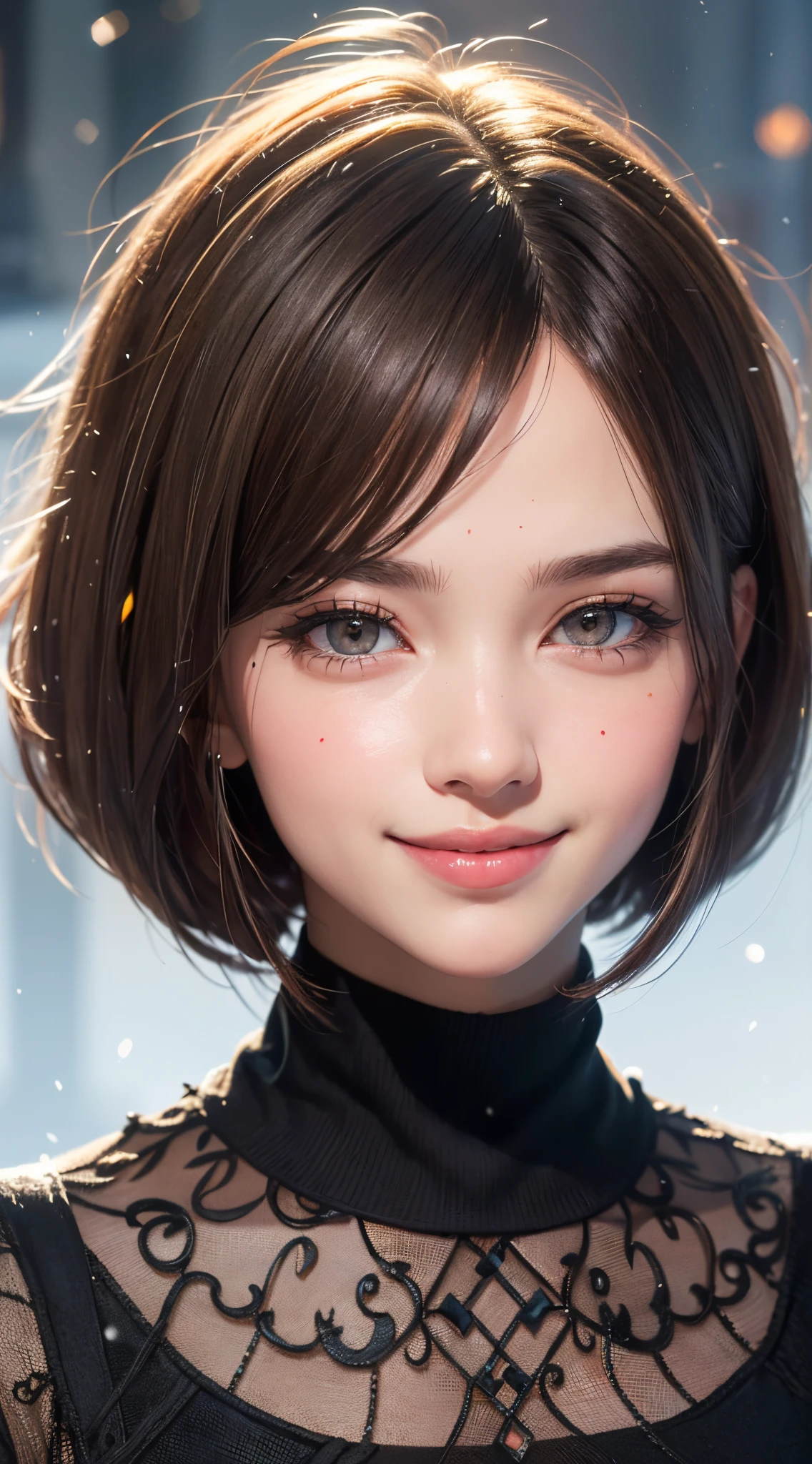 (UHD, retina, masterpiece, ccurate, anatomically correct, textured skin, super detail, high details, high quality, best quality, highres, 1080P, HD, 4K, 8k, 16k), (beautiful detailed eyes, beautiful detailed lips, extremely detailed eyes and face), studio lighting, physically-based rendering, vivid colorig tits, super big tits, super extra big tits, glamorous body), (white turtleneck knit), (portrait, shiny hair, shiny skin), (bokeh), (from flont, from above:1.2), (bob cut, asymmetrical hair, eye reflection:1.5), jet black hair, large eyes with a characteristic long cut, snow-like skin, pink lips, (rosy cheeks, a charming smile that captivates the onlookers, european face, dark brown eyes:1.5),