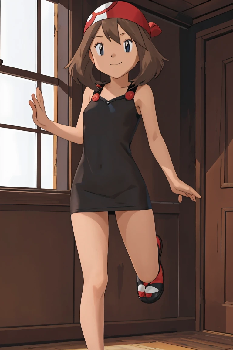 masutepiece, Best Quality, hight resolution, indoor, 1 girl, Solo, May (A pokémon), (((Brown hair))), bare shoulders, bare arms, No bandana, (((black sweetheart mini dress))), (high school:1.1), (((open leg))), (((closed_mouth))), smile, seductive.