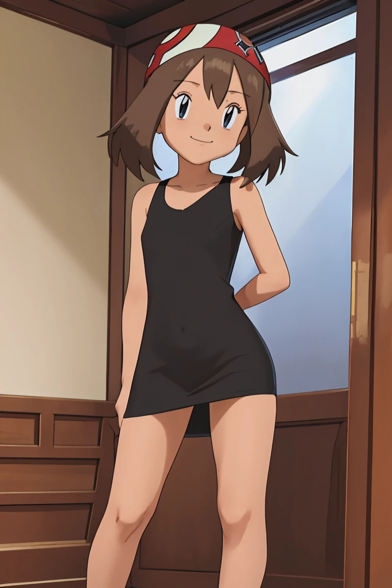 masutepiece, Best Quality, hight resolution, indoor, 1 girl, Solo, May (A pokémon), (((Brown hair))), bare shoulders, bare arms, No bandana, (((black sweetheart mini dress))), (high school:1.1), (((open leg))), (((closed_mouth))), smile, seductive.