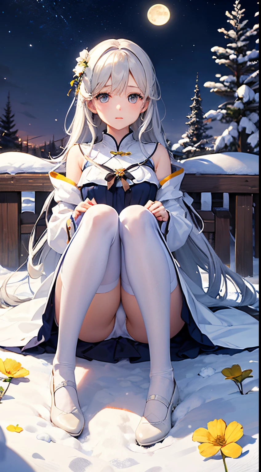 under the hazy moonlight。Shining brightly on snow-white skin。 Snow-white girl。white  clothes。White flowers。White stockings。White shoes。looking at you infatuatedly。