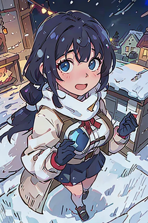Anime style, outdoor, 1wall, wide angle, 1woman, beautiful woman, very beautiful woman, cute face, cute expression, hard black hair, heterochromia eyes, heterochromia blue and yellow, blue right eye, yellow left eye, bi color eyes, fox ears, kemonomimi, fox tail, fox tail, fox girl, Braided hair, long twintails, Shy, embarrassed, Blushed, wide angle, Pov, looking at the camera, from above, Standing, winter scarf, cute scarf, warm coat, big coat, snowy weather, Christmas city background, modern city, glowing Christmas lights, (good), light rays, glowing, (Masterpiece), wallpaper, extreme detail description, full body, professional, Portraits, Landscape, photography, winter, snow, snow woman, blue eyes, red cheeks, Winter coat, has winter coat, big winter coat, oversize coat, medium small size breast, Snow gloves, winter gloves, looking up at the night sky,(Best Quality,4K,hight resolution,masutepiece:1.2),Realistic, Christmas,girl (25 years old),Wear warm clothes,Snow falling in the background,Winter wonderland,Joyful expression,Magical atmosphere,Soft lighting,Vivid colors,Happiness,laught,Welcoming environment,Warmth,Smiling eyes,braided hair pigtails,Shimmering decoration,Twinkling lights,Peace and quiet,Excitement and anticipation,Snowy landscape,childhood innocence,Enchanted moments,Playful laughter,Upholstered stockings,Holiday spirit,love and togetherness