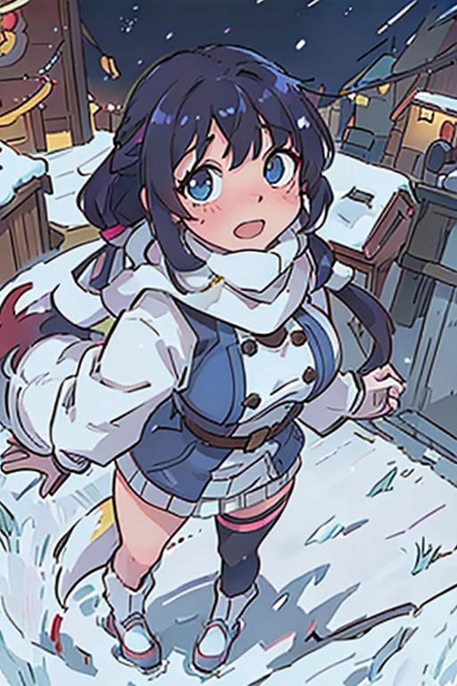 Anime style, outdoor, 1wall, wide angle, 1woman, beautiful woman, very beautiful woman, cute face, cute expression, hard black hair, heterochromia eyes, heterochromia blue and yellow, blue right eye, yellow left eye, bi color eyes, fox ears, kemonomimi, fox tail, fox tail, fox girl, Braided hair, long twintails, Shy, embarrassed, Blushed, wide angle, Pov, looking at the camera, from above, Standing, winter scarf, cute scarf, warm coat, big coat, snowy weather, Christmas city background, modern city, glowing Christmas lights, (good), light rays, glowing, (Masterpiece), wallpaper, extreme detail description, full body, professional, Portraits, Landscape, photography, winter, snow, snow woman, blue eyes, red cheeks, Winter coat, has winter coat, big winter coat, oversize coat, medium small size breast, Snow gloves, winter gloves, looking up at the night sky,(Best Quality,4K,hight resolution,masutepiece:1.2),Realistic, Christmas,girl (25 years old),Wear warm clothes,Snow falling in the background,Winter wonderland,Joyful expression,Magical atmosphere,Soft lighting,Vivid colors,Happiness,laught,Welcoming environment,Warmth,Smiling eyes,braided hair pigtails,Shimmering decoration,Twinkling lights,Peace and quiet,Excitement and anticipation,Snowy landscape,childhood innocence,Enchanted moments,Playful laughter,Upholstered stockings,Holiday spirit,love and togetherness