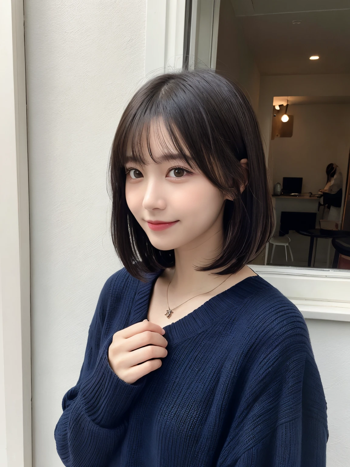 masutepiece、Best Quality、Illustration、 ultra-detailliert、hight resolution、8K wallpaper beautiful detailed eyeedium hair、Natural Color Lip、Smile、Harajuku、30-year-old girl、Cute、No chest、white walls、Taken in front of the white door、(white wall room with window)、Poses variadas、Crouch down、crouching down、BREAK (Ombre:1.3) 、Dark blue hair color、Dark blue hair color、Autumn clothes、Winter clothes、Simple Necklace、Winter clothes、Sweaters、(Beautiful profile:1.3)、Don't look at the camera、profile、bob、Bob Hair、bob cuts