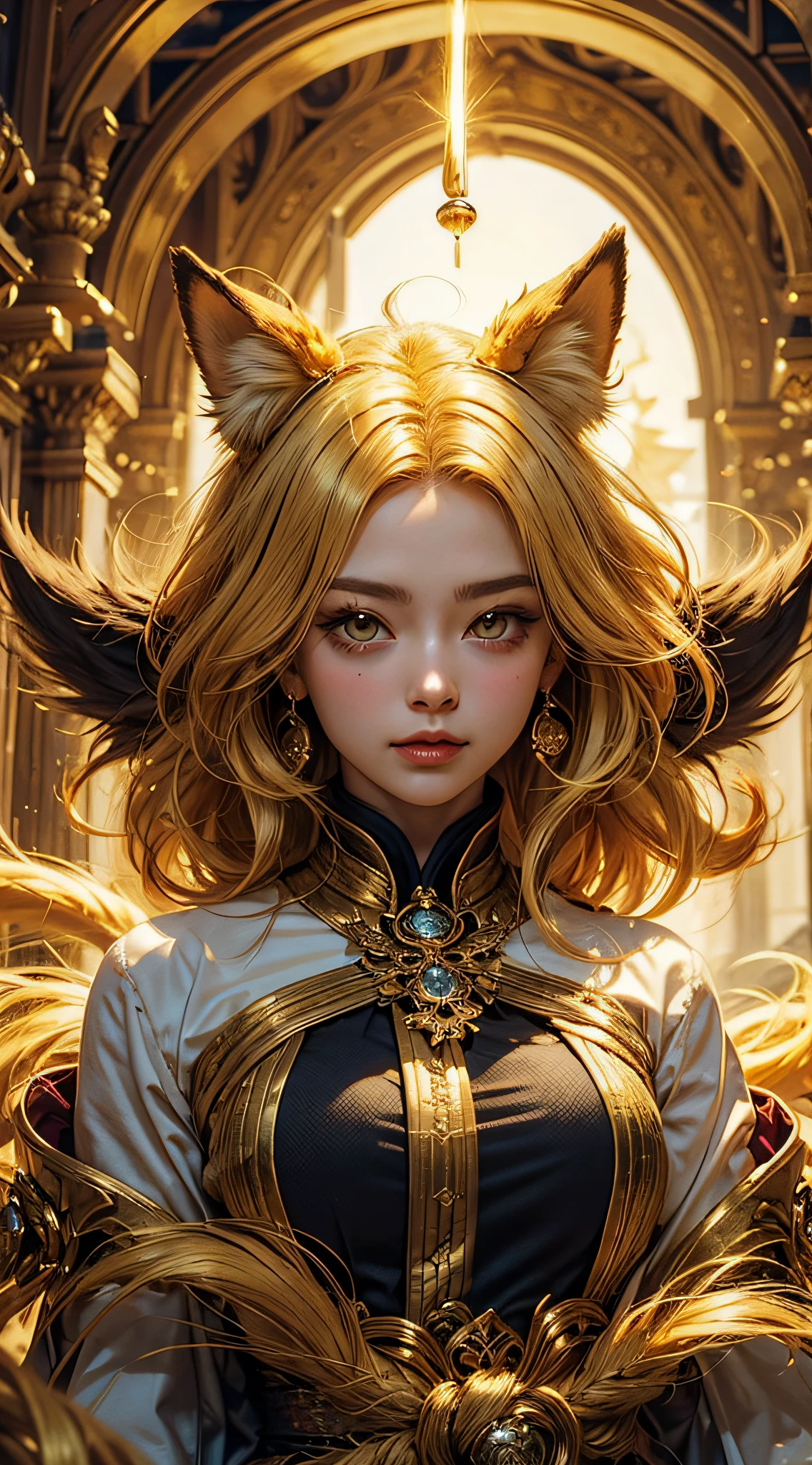 golden nine-tailed fox girl, (Bright golden hair), ((Big hair)), 二重まぶた, Perfect figure, lovely face, Perfect Skin, Golden Eyes, princess of spirits, Golden Age