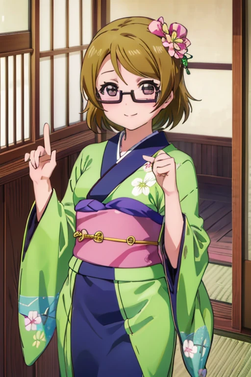 (((pixel perfect, Detail Perfect))), bat hand,Well-formed five-finger,Detailed Five Fingers,Solo, 1girl in, Hanayo Koizumi, Looking at Viewer, Smile,eye glasses,Green kimono,Kimono,Furisode,shrines