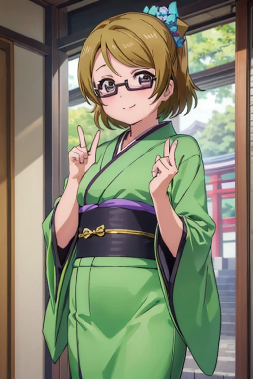 (((pixel perfect, Detail Perfect))), bat hand,Well-formed five-finger,Detailed Five Fingers,Solo, 1girl in, Hanayo Koizumi, Looking at Viewer, Smile,eye glasses,Green kimono,Kimono,Furisode,shrines