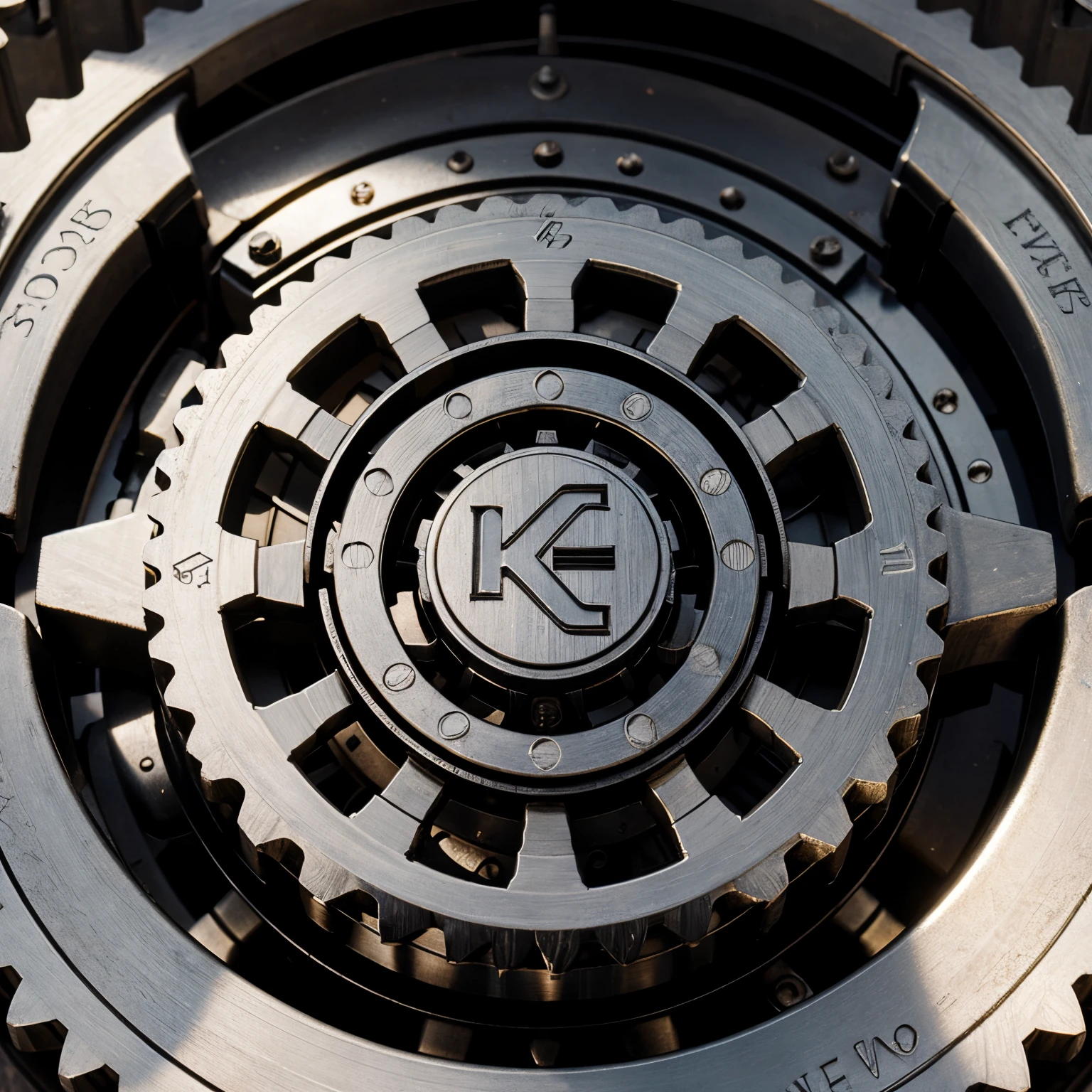 Emblem of a mechanical letter "K" inside of a gear