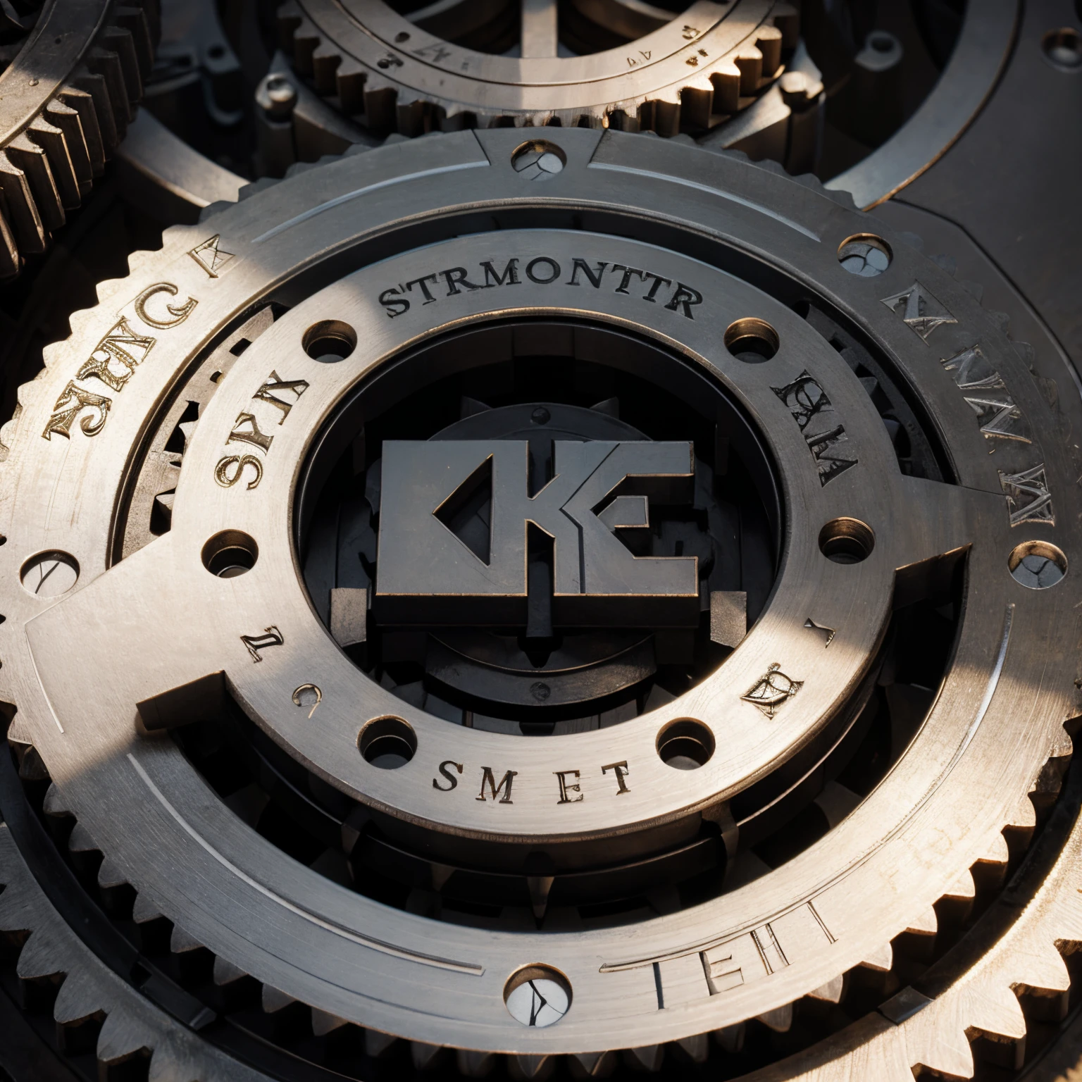 Emblem of a mechanical letter "K" inside of a gear