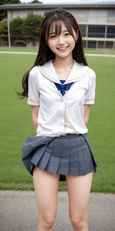 neat college girl、petite person、Outside the field、(Slimed、small tit、flat boobs、small tit)、Photorealsitic、detaileds, Skin Texture, ultra-detailliert、Delicate and sexy collarbone、A smile、Super Detailed Face、Detailed lips、A detailed eye、二重まぶた、sexy pose、(( Standing、Legs open、pubick hair、Chest exposed,Japanese high school girls uniform))、NSFW、a small face、no skirt