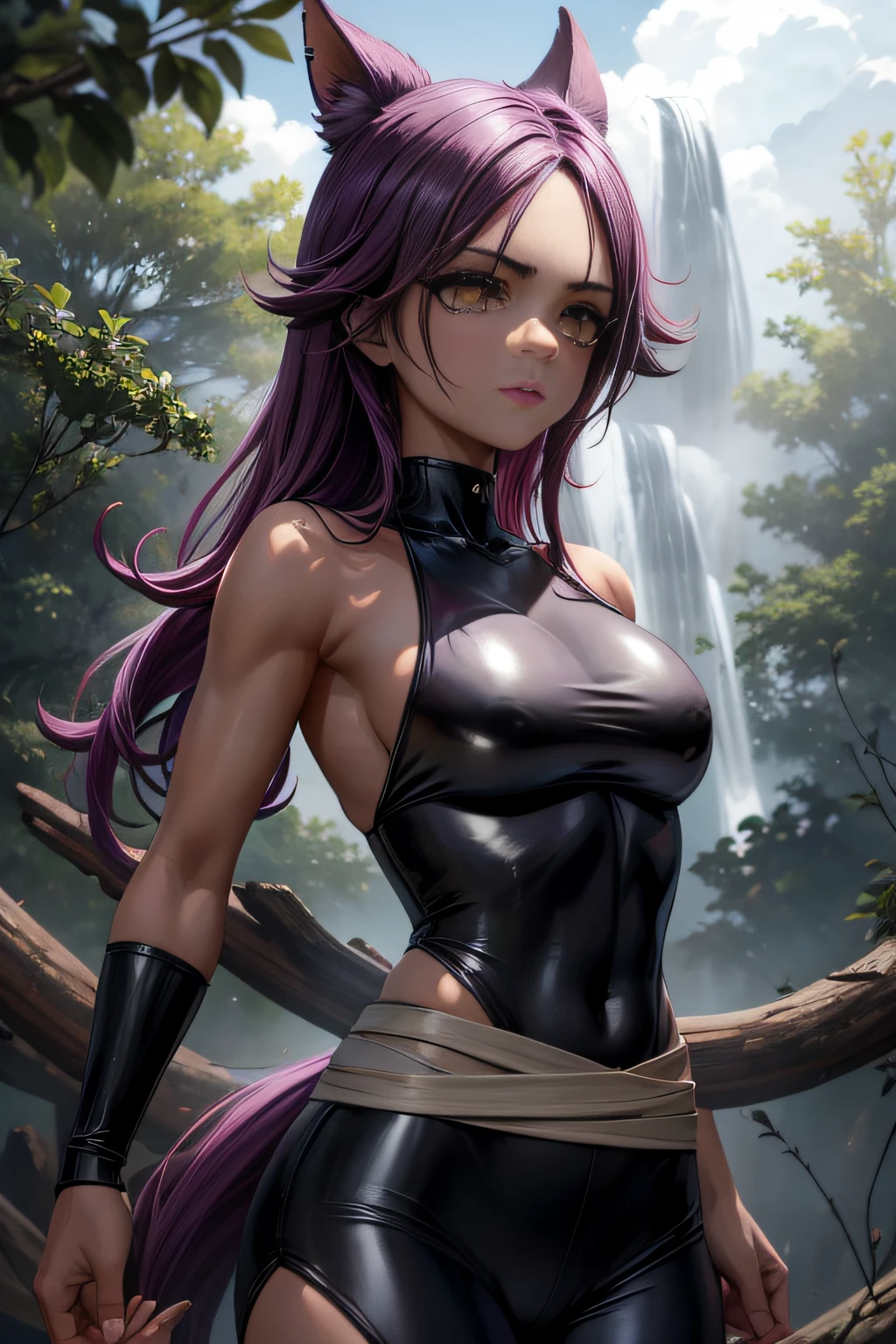 best quality, expressive eyes, perfect face, close up on face, shihouin yoruichi (Bleach), dark skin, ((black leotard)), yellow eyes, purple hair, long hair, ponytail, lake, forest, bright sunbeam