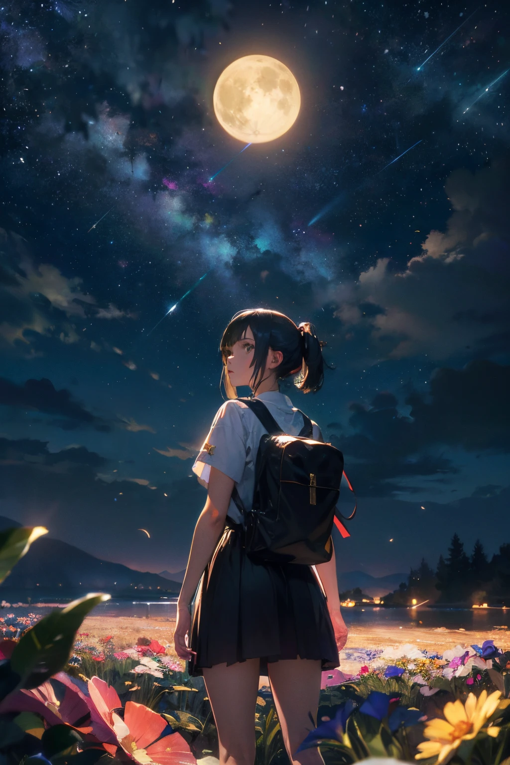 a 20 yo woman、Black blue Hair、poneyTail、(hi-top fade:1.3)、dark themed、Muted Tones、Subdued Color、highly contrast、(natural skin textures、Hyper-Realism、Soft light、sharp)、full moon night, starry sky, shooting stars, a girl standing on a sea of colorful flowers, looking up the sky, turn back to viewers, butterfly, fireflies, (girl focus:0.7) BREAK,Detailed,Realistic,4k highly detailed digital art,octane render, bioluminescent, BREAK 8K resolution concept art, realism,by Mappa studios,masterpiece,best quality,official art,illustration,ligne claire,(cool_color),perfect composition,absurdres, fantasy,focused, rule of thirds