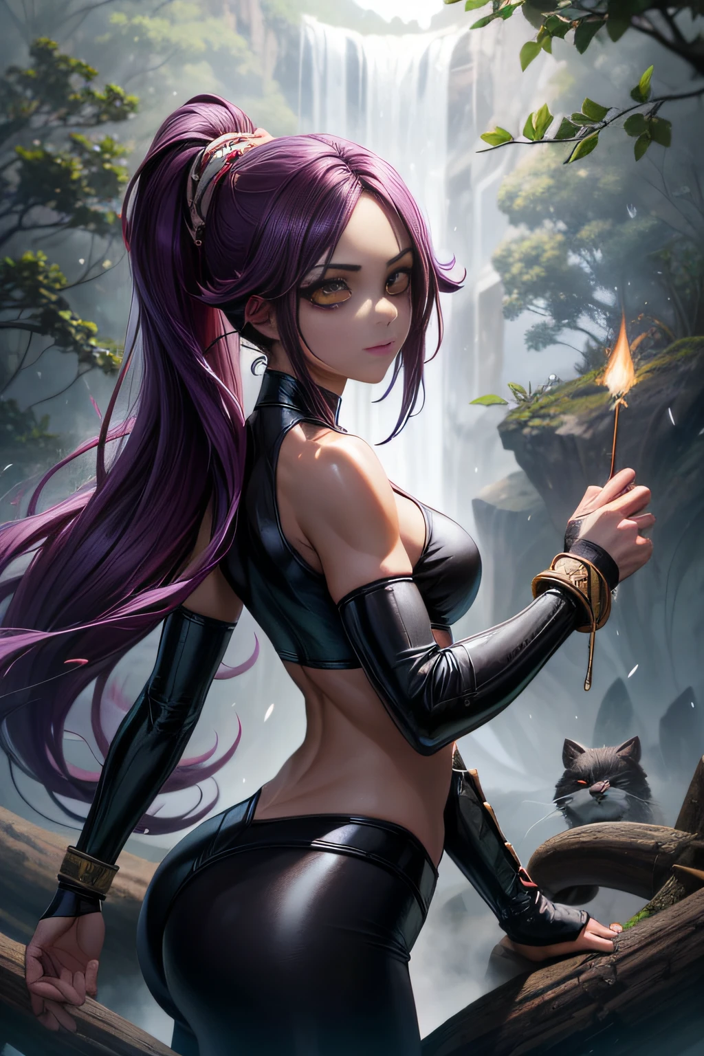 La mejor calidad, ojos expresivos, Cara perfecta, Front view, shihouin yoruichi (Blanquear), dark skin, ((Leotardo negro)), guantes de brazo, Medias, ojos amarillos, purple hair, Cabello largo, Cola de caballo, muslosaltos, tormenta, lluvia, trueno, Rayos, Cielo, nubes, cuerpo mojado, bosque