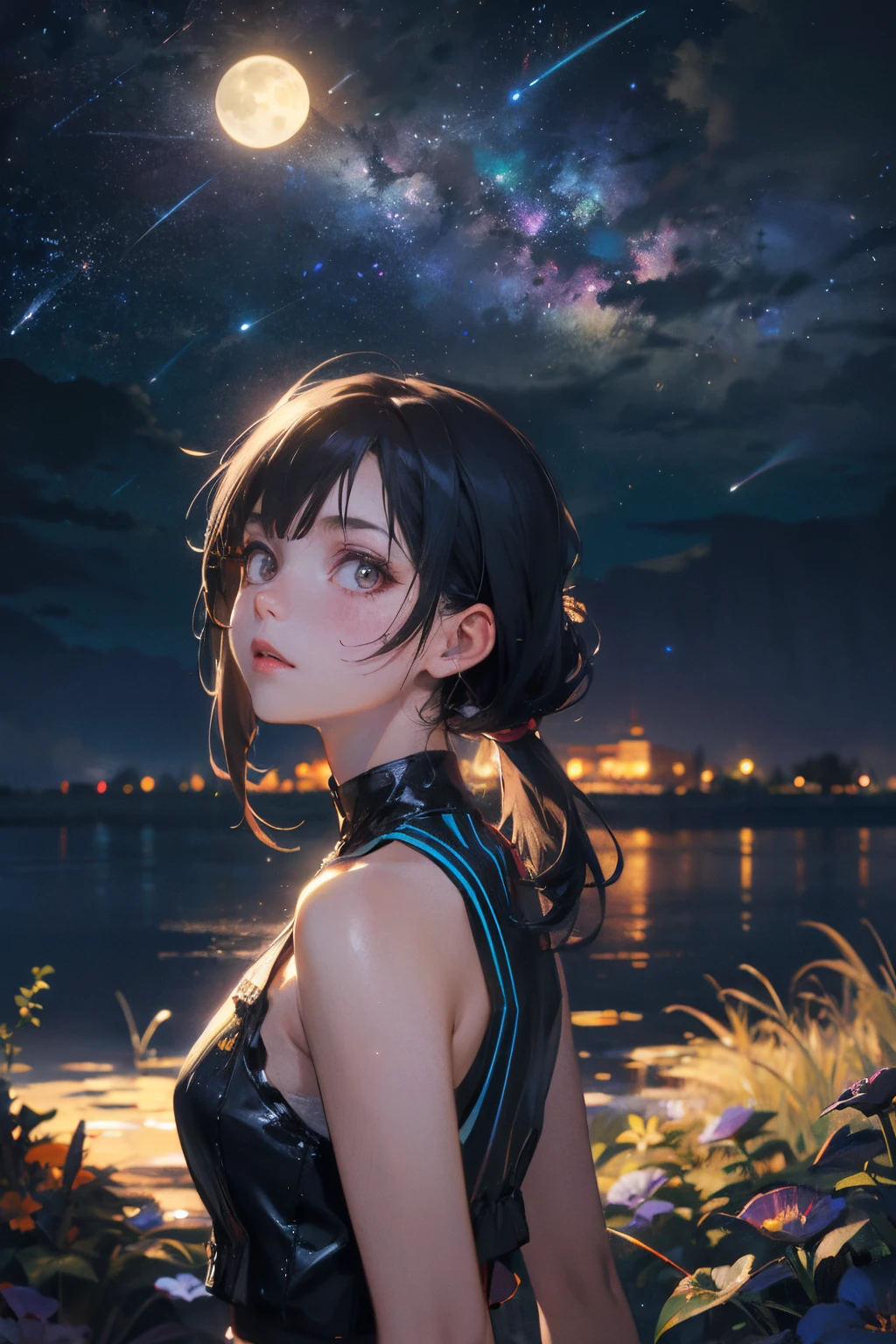 A woman in a black dress standing in front of a lake at night - SeaArt AI