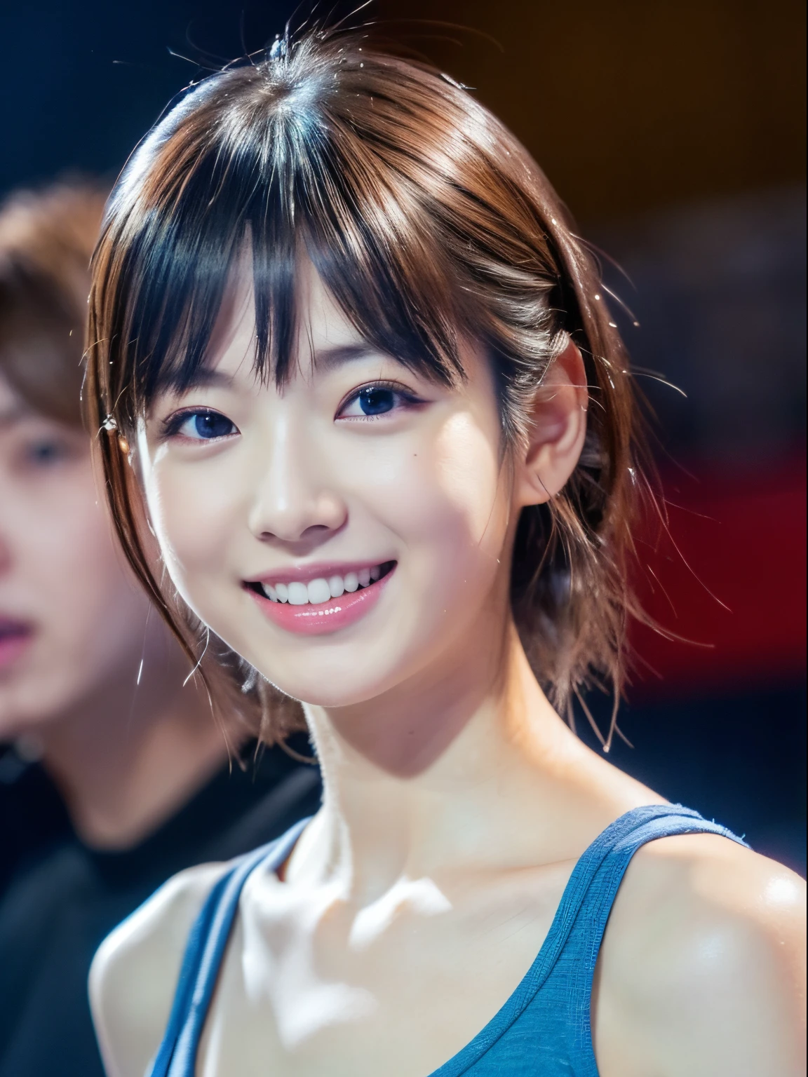 Ultra high-definition images,((Best Quality, 8K, masutepiece: 1.3)), ((1girl in:1.5)), 女優,Detailed facial features,Slim Abs Beauty: 1.3, casual hairstyle, (Blue Long Group: 1.5), Super fine face, Delicate eyes, Double eyelids, Smile, (Show your smile: 1.2), Dancing Wearing a red leotard, From the stage,Smile at the camera,High-quality images,