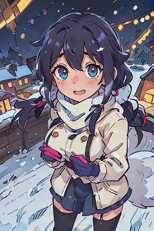 Anime style, outdoor, 1wall, wide angle, 1woman, beautiful woman, very beautiful woman, cute face, cute expression, hard black hair, heterochromia eyes, heterochromia blue and yellow, blue right eye, yellow left eye, bi color eyes, fox ears, kemonomimi, fox tail, fox tail, fox girl, Braided hair, long twintails, Shy, embarrassed, Blushed, wide angle, Pov, looking at the camera, from above, Standing, winter scarf, cute scarf, warm coat, big coat, snowy weather, Christmas city background, modern city, glowing Christmas lights, (good), light rays, glowing, (Masterpiece), wallpaper, extreme detail description, half body, professional, Portraits, Landscape, photography, winter, snow, snow woman, blue eyes, red cheeks, Winter coat, has winter coat, big winter coat, oversize coat, medium small size breast, Snow gloves, winter gloves, looking up at the night sky,(Best Quality,4K,hight resolution,masutepiece:1.2),Realistic, Christmas,girl (25 years old),Wear warm clothes,Snow falling in the background,Winter wonderland,Joyful expression,Magical atmosphere,Soft lighting,Vivid colors,Happiness,laught,Welcoming environment,Warmth,Smiling eyes,braided hair pigtails,Shimmering decoration,Twinkling lights,Peace and quiet,Excitement and anticipation,Snowy landscape,childhood innocence,Enchanted moments,Playful laughter,Upholstered stockings,Holiday spirit,love and togetherness, both hands on the scarf, shy expresion