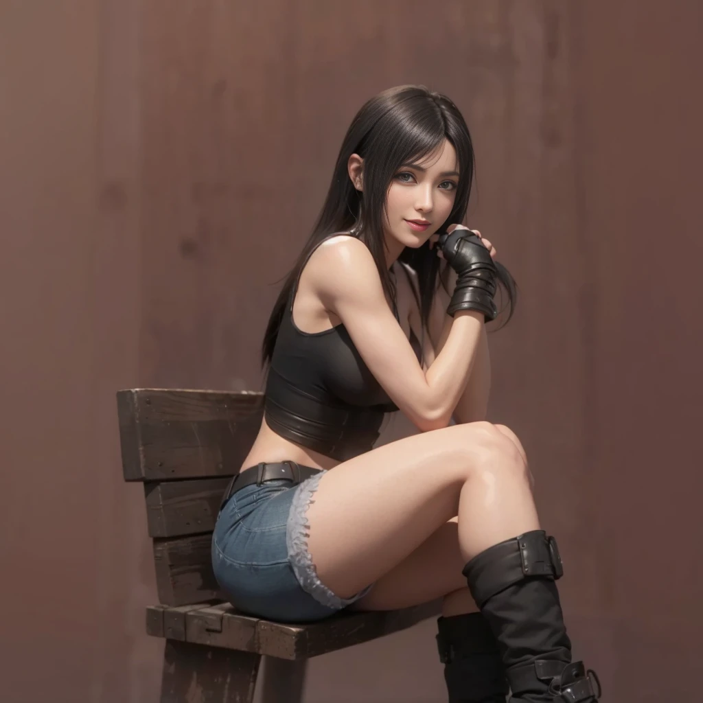 (best quality,ultra-detalhado),(Realistic:1.37),Tifa Lockhart, Rosto bonito e detalhado, maquiagem preta nos olhos, textura ultra realista, rosto delicado, corpo delicado, Fit physique, usando batom e brilho labial, sorriso fofo