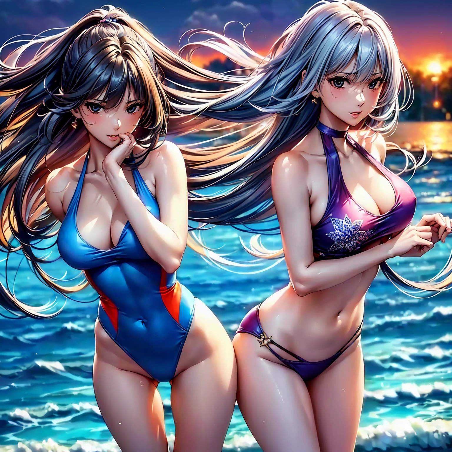 (top quality picture、masterpiece level、very high res、超A high resolution,High quality detailing)、(A 24-year-old beautiful girl with perfect and ultimate beauty.,beautiful breasts and figure,Beautiful body,美丽的面容,Strong-willed eyes:1.5)、(There are many variations of hairstyles,The bangs are neatly arranged,long straight hair on the sides,Beautiful hair:1.2),lifelike textures,Beautiful colors,(Wearing a beautiful colored swimsuit,Brightly colored competitive swimsuits,Wear competitive swimsuits with beautiful colors and patterns,Wear competitive swimsuits with beautiful colors and patterns:1.2),Have a bright smile,line of sight,Mouth opens,(The wind is blowing,Hair flutters under the influence of the wind:1.2),Outdoor pool,Night Pool,nighttime scene,Beautiful Landscapes,(The whole body,accurate anatomy、extremely detailed picture、Accurate images、Perfect Image 1.5)、beautiful anime woman, Beautiful Art Style, an animated character、(The whole picture、Detailed picture、Defect-free images、natural soft light、beautiful image),(Best Shot 1.2)