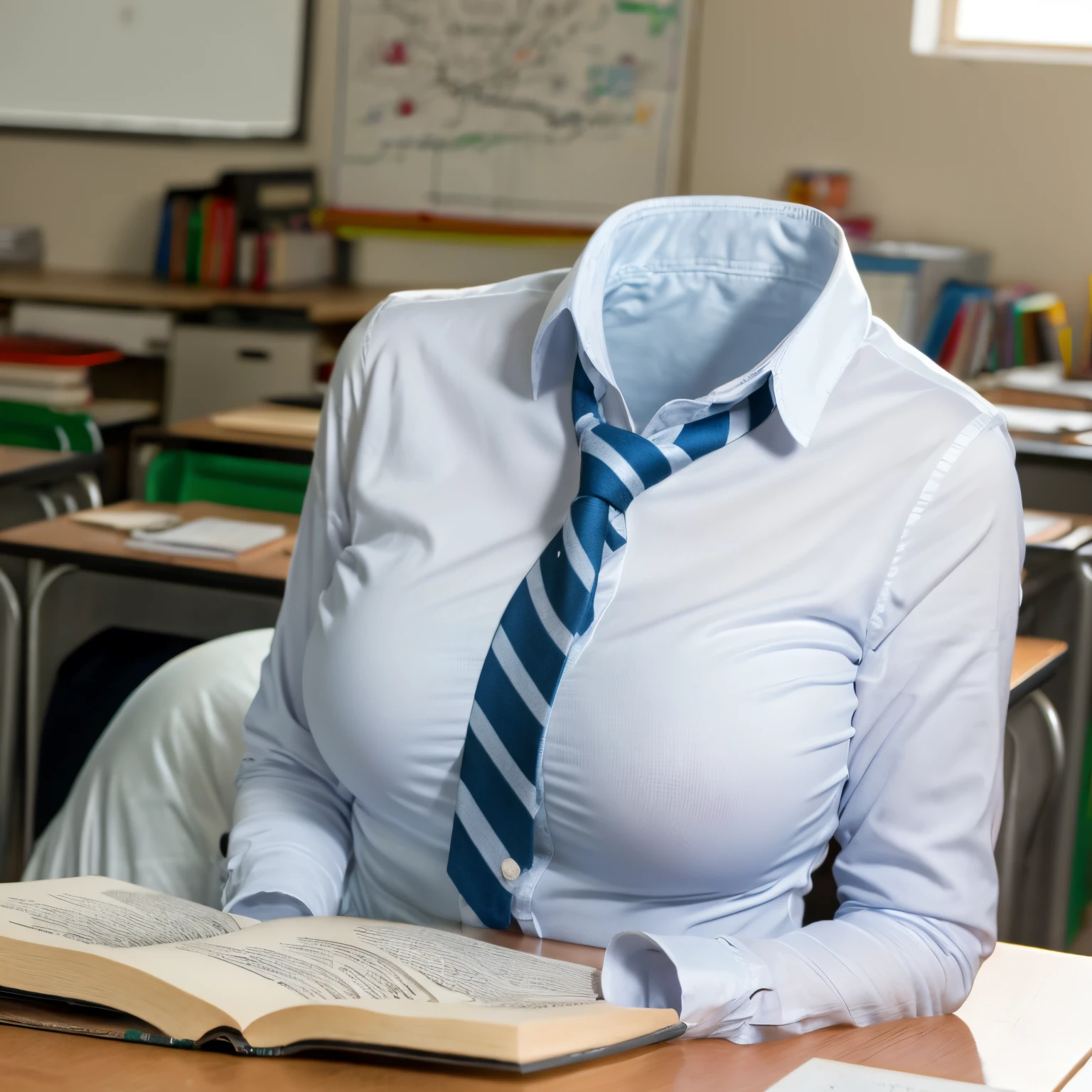 chubby, fat, white shirt, blue stripe tie, school tie, school uniform, reading books on desk, classroom, cute pose, (invisible, no humans, headless, faceless:1.5), cute big breasts, (close-up shot of breasts), (8k, RAW photo, best quality, masterpiece:1.2), (realistic, photo-realistic:1.37), photon mapping, radiosity, ((Hasselblad photography)), physically-based rendering