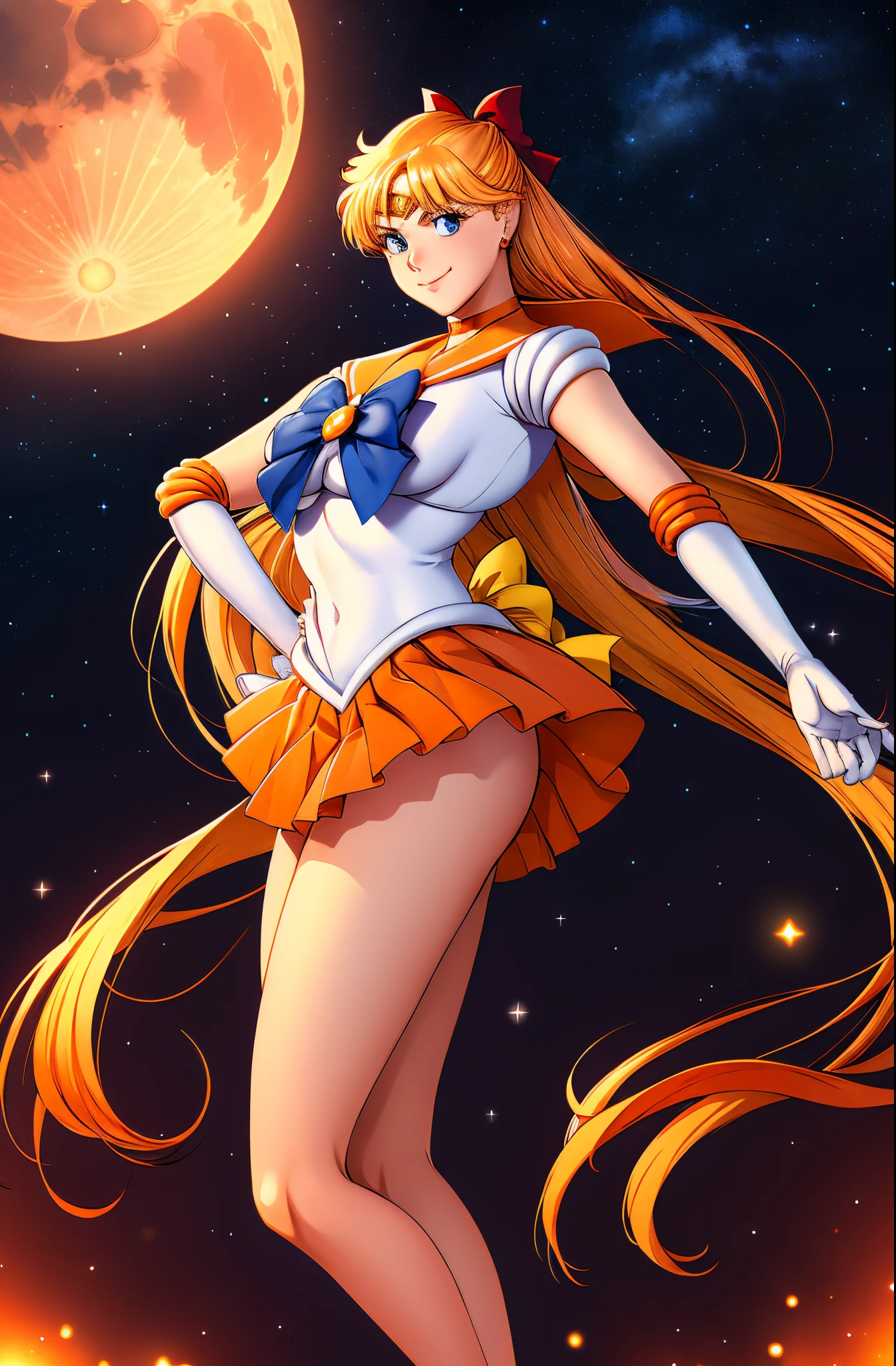 masutepiece, Best Quality, hight resolution, SV1, Sailor Senshi Uniform, Orange skirt, elbow groves, tiarra, Pleated skirt, Miniskirt, Red bow, orangechoker, White Gloves, Jewelry, Starry sky, badass pose, slight smile, Portrait, floating, Moon, Upper body