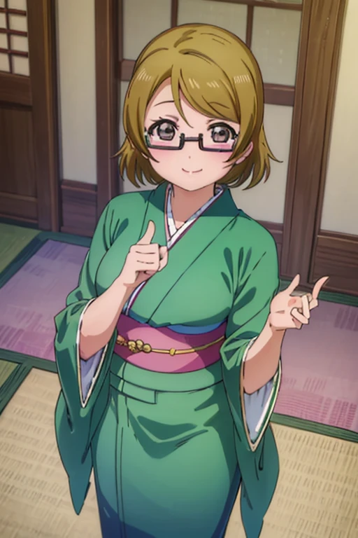 (((pixel perfect, Detail Perfect))), bat hand，Well-formed five-finger，Detailed Five Fingers，Solo, 1girl in, Hanayo Koizumi,  Looking at Viewer, Smile，eye glasses，Green kimono，Kimono，Furisode，shrines