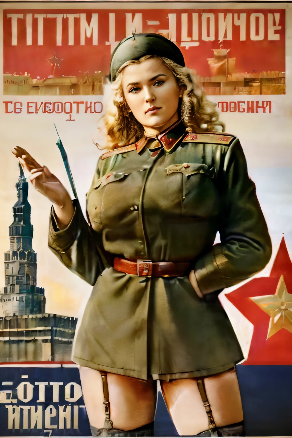 (affiche politique soviétique:1.5), NSFW (en anglais seulement), (((photo très vintage délavée))), (corps entier:1.4), portrait ultraréaliste d'une femme soldat soviétique blonde et blanche aux gros seins, grands yeux bleu vif, longs cheveux blonds bouclés, uniforme soviétique ww2, (énormes seins tombants débordants), Grandes aréoles, gros mamelons, (peau sale), entièrement nu sauf l'uniforme de veste ouverte, porte-jarretelles et bas noirs, talons hauts, vêtements sales, visage souriant,(Caractéristiques du visage magnifiques:1.1),((pose de salut militaire )), devant un Kremlin enneigé,(Ultra qualité, Ultra Détail:1.5), Extrêmement réaliste, (Meilleure image, meilleur qualité:1.8), Concentration approfondie, (détails et reflets de l'échelle et des yeux:1.5),(Moteur Unreal:1.5), (dans le style de Dmitri Moor et Georgii Kibardin et Vera Gitsevich:1.5)