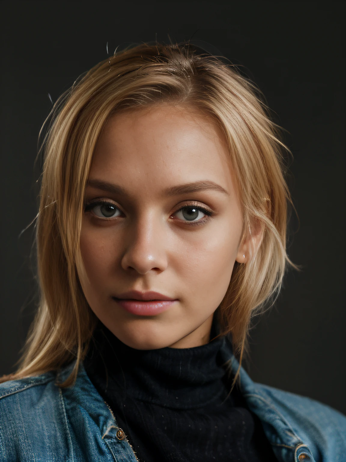 realistic closeup model portrait, woman with blonde hair, jean jacket, black turtleneck, painted background, studio portrait, soft light, bokeh, painterly