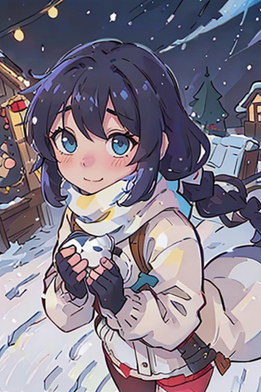 Anime style, outdoor, 1wall, wide angle, 1woman, beautiful woman, very beautiful woman, cute face, cute expression, hard black hair, heterochromia eyes, heterochromia blue and yellow, blue right eye, yellow left eye, bi color eyes, fox ears, kemonomimi, fox tail, fox tail, fox girl, Braided hair, long twintails, Shy, embarrassed, Blushed, wide angle, Pov, looking at the camera, from above, Standing, winter scarf, cute scarf, warm coat, big coat, snowy weather, Christmas city background, modern city, glowing Christmas lights, (good), light rays, glowing, (Masterpiece), wallpaper, extreme detail description, half body, professional, Portraits, Landscape, photography, winter, snow, snow woman, blue eyes, red cheeks, Winter coat, has winter coat, big winter coat, oversize coat, medium small size breast, Snow gloves, winter gloves, looking up at the night sky,(Best Quality,4K,hight resolution,masutepiece:1.2),Realistic, Christmas,girl (25 years old),Wear warm clothes,Snow falling in the background,Winter wonderland,Joyful expression,Magical atmosphere,Soft lighting,Vivid colors,Happiness,laught,Welcoming environment,Warmth,Smiling eyes,braided hair pigtails,Shimmering decoration,Twinkling lights,Peace and quiet,Excitement and anticipation,Snowy landscape,childhood innocence,Enchanted moments,Playful laughter,Upholstered stockings,Holiday spirit,love and togetherness, both hands touching the scarf, shy expresion