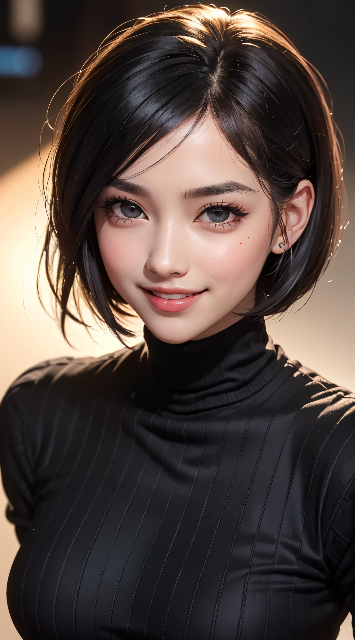 (UHD, retina, masterpiece, ccurate, anatomically correct, textured skin, super detail, high details, high quality, best quality, highres, 1080P, HD, 4K, 8k, 16k), (beautiful detailed eyes, beautiful detailed lips, extremely detailed eyes and face), studio lighting, physically-based rendering, vivid colorig tits, super big tits, super extra big tits, glamorous body), (white turtleneck knit), (portrait, shiny hair, shiny skin), (bokeh), (from flont, from above:1.37), (bob cut, asymmetrical hair, eye reflection:1.5), jet black hair, pink lips, (rosy cheeks, a charming smile that captivates the onlookers, jet black eyes, looking at the camera, european face, long nose:1.5),