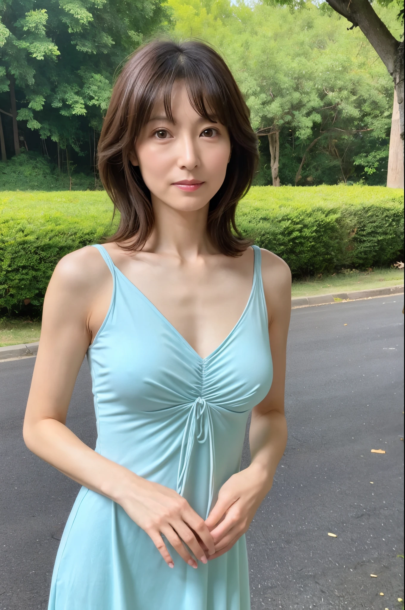 (High reality photograph, high resolusion, detailed face, detailed eyes) Skinny Japanese lady, 40 years old, cute face, solo:1, lovely body, skinny figure, middle breasts, various hair style, tight dress with emphasizing very thin waist, standing in a various place, full-body photo