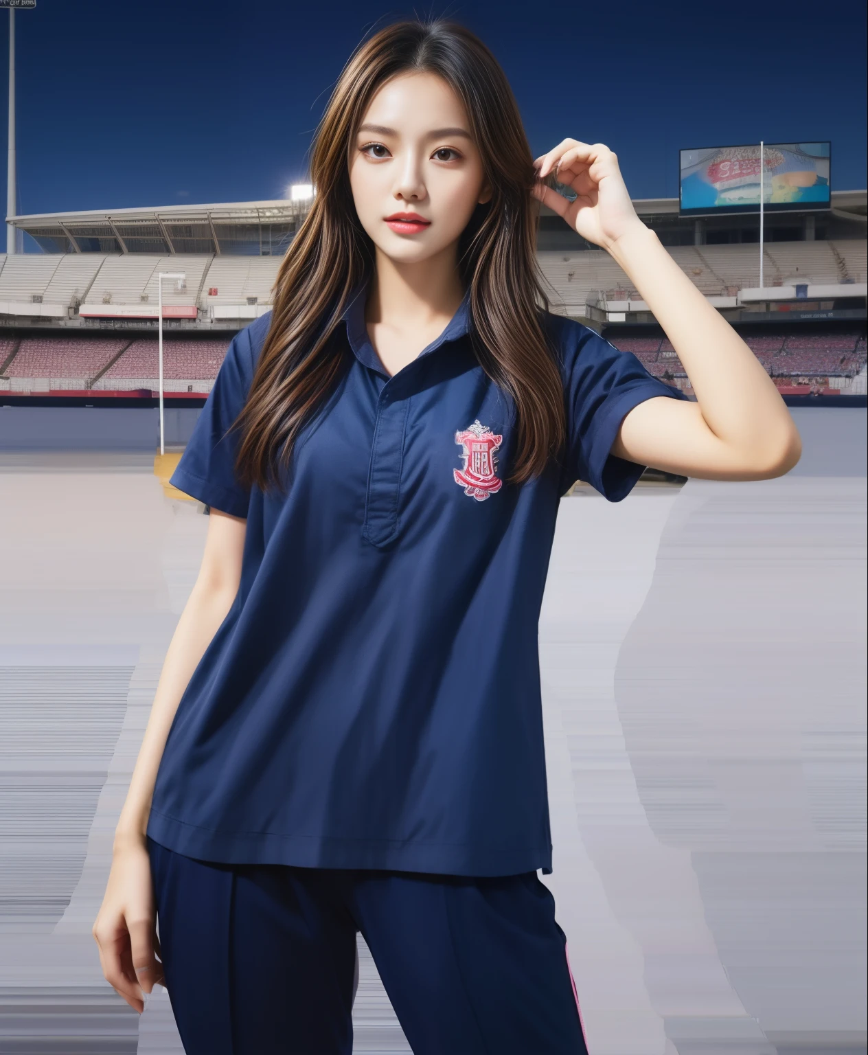 (bestquality,10,10,highres,masterpiece:1.2),ultra-detail,(Realistic,photorealistic portrait,photo-realistic:1.37),1 Cute girl in the football field,oily shiny skin,bara,light smile,BDclothelue shirt:1.3)),short sleeves,shirt, trousers.,(navy_long_Pants Track:1.1), ((Stadium Background:1.3)),dynamic angle,excited,face focus,Dynamic Poses,from behide,Ass Focus,masterpiece, bestquality, ultra realistic, hyper-detail, 8k resolution, RAW photo, crisp focus, ((Navy blue shirt:1.1)), short sleeves, Long Path, Perfect body, 2 mature women, 18yo, cinematic light,Blue sweatpants,Gymware,Correct anatomy,Complete body, Correct body, sharp face, Anatomically correct body, full entire body, Realistic gestures, long-haired, Realistic poses,Wear long shorts.................................,Long leg span,Shapely,Sculpting Girl, Slender Figure, mannequin mannequins, Shapely, Beautiful body,Blue sweatpants, Two girls kissing