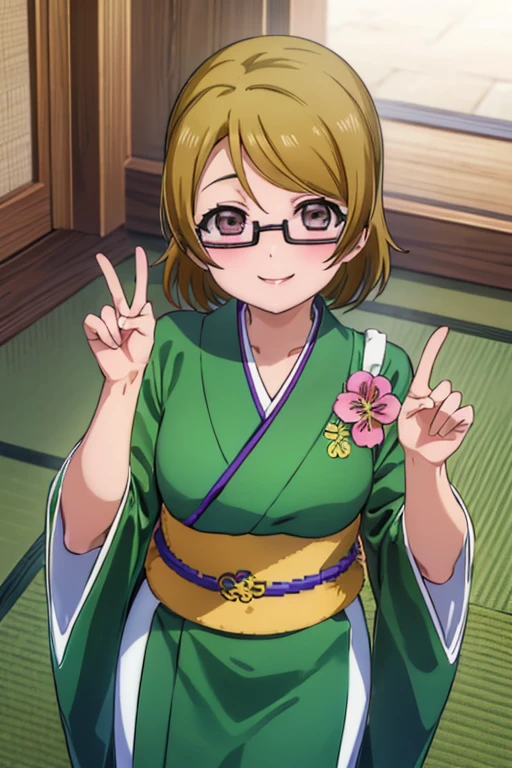 (((pixel perfect, Detail Perfect))), bat hand，Five fingers in order，Solo, 1girl in, Hanayo Koizumi,  Looking at Viewer, Smile，eye glasses，Green kimono，Kimono，Furisode，shrines