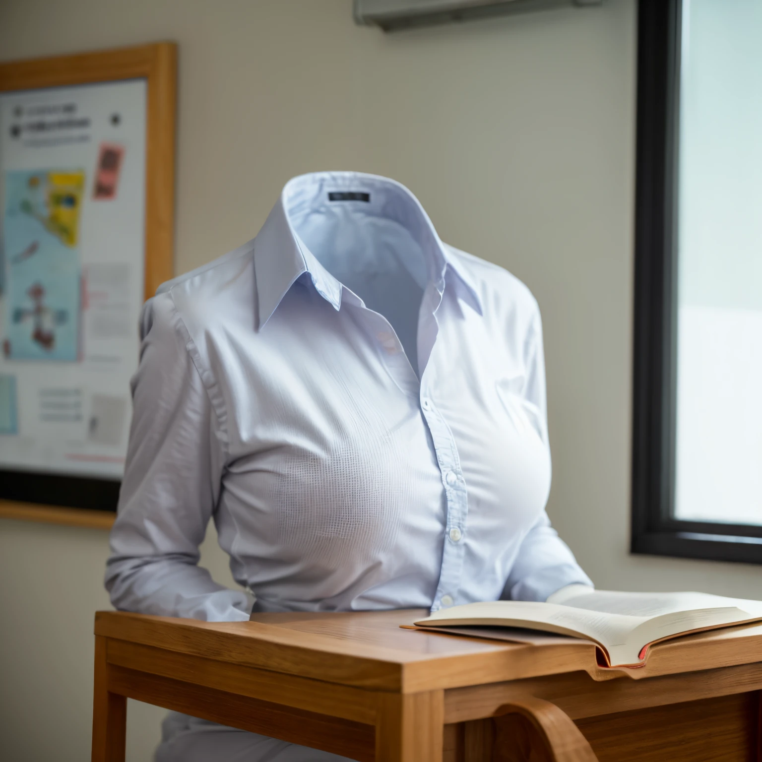 chubby, fat, white shirt, blue stripe tie, school tie, school uniform, reading books on bed, classroom, cute pose, (invisible, no humans, headless, faceless:1.5), cute big breasts, (close-up shot of breasts), (8k, RAW photo, best quality, masterpiece:1.2), (realistic, photo-realistic:1.37), photon mapping, radiosity, ((Hasselblad photography)), physically-based rendering