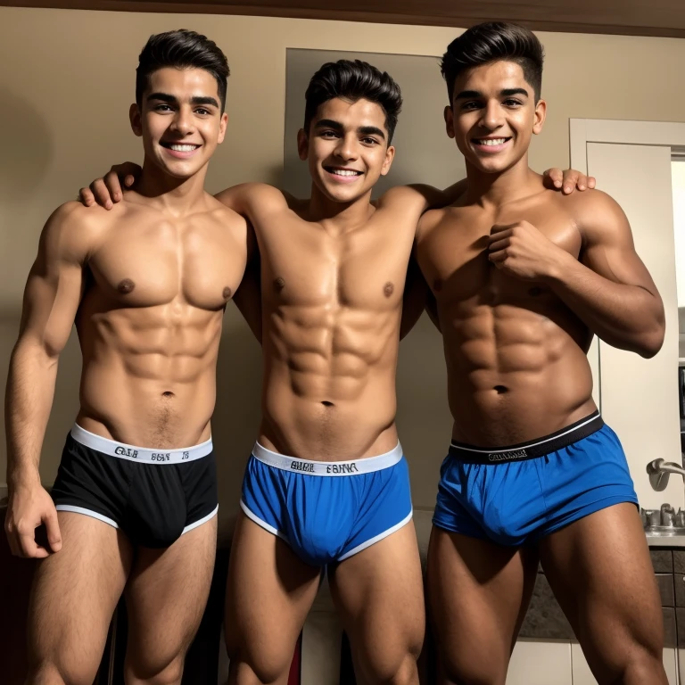 3 adolescentes negros guapos, que se les vean los boxers, de pie, musculosos, que se les vean obligatoriamente la cara y que tengan un bulto muy  grande en la entrepierna. que esten sonriendo, ojos de color grises. Que usen medical items, que usen bata