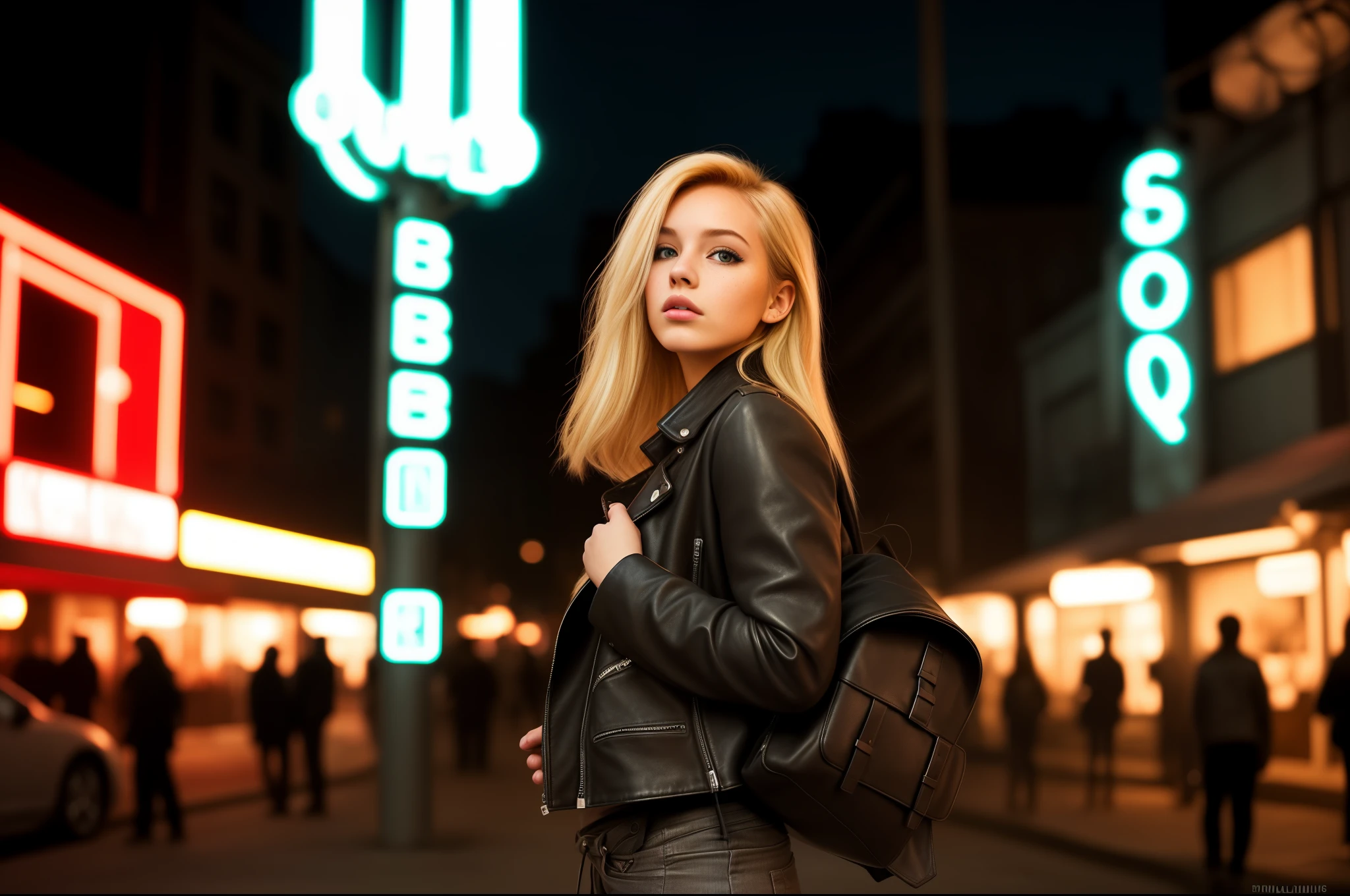Blonde girl, in a leather jacket. Realistic city background, mansions, neonlight