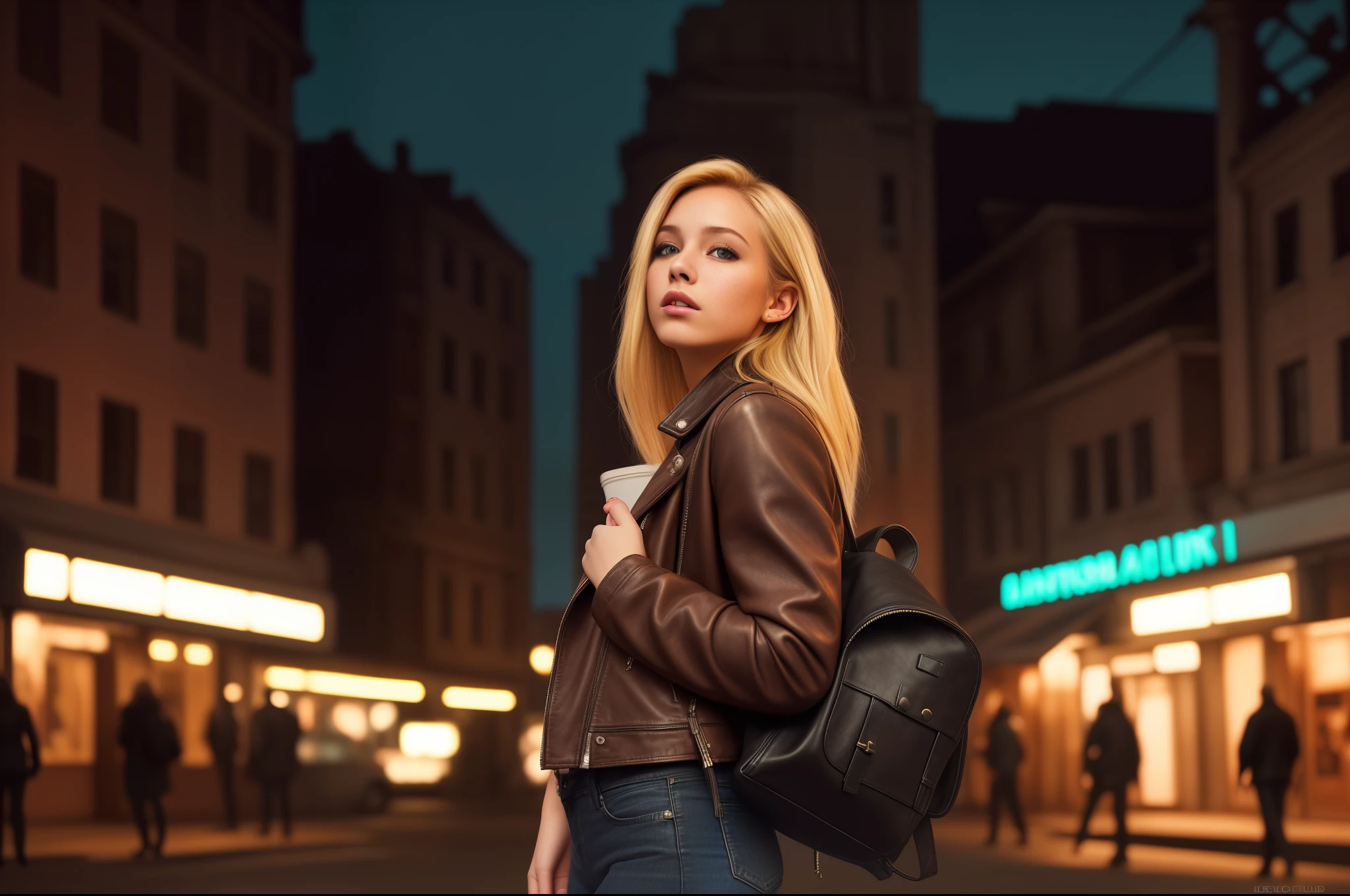 Blonde girl, in a leather jacket. Realistic city background, mansions, neonlight