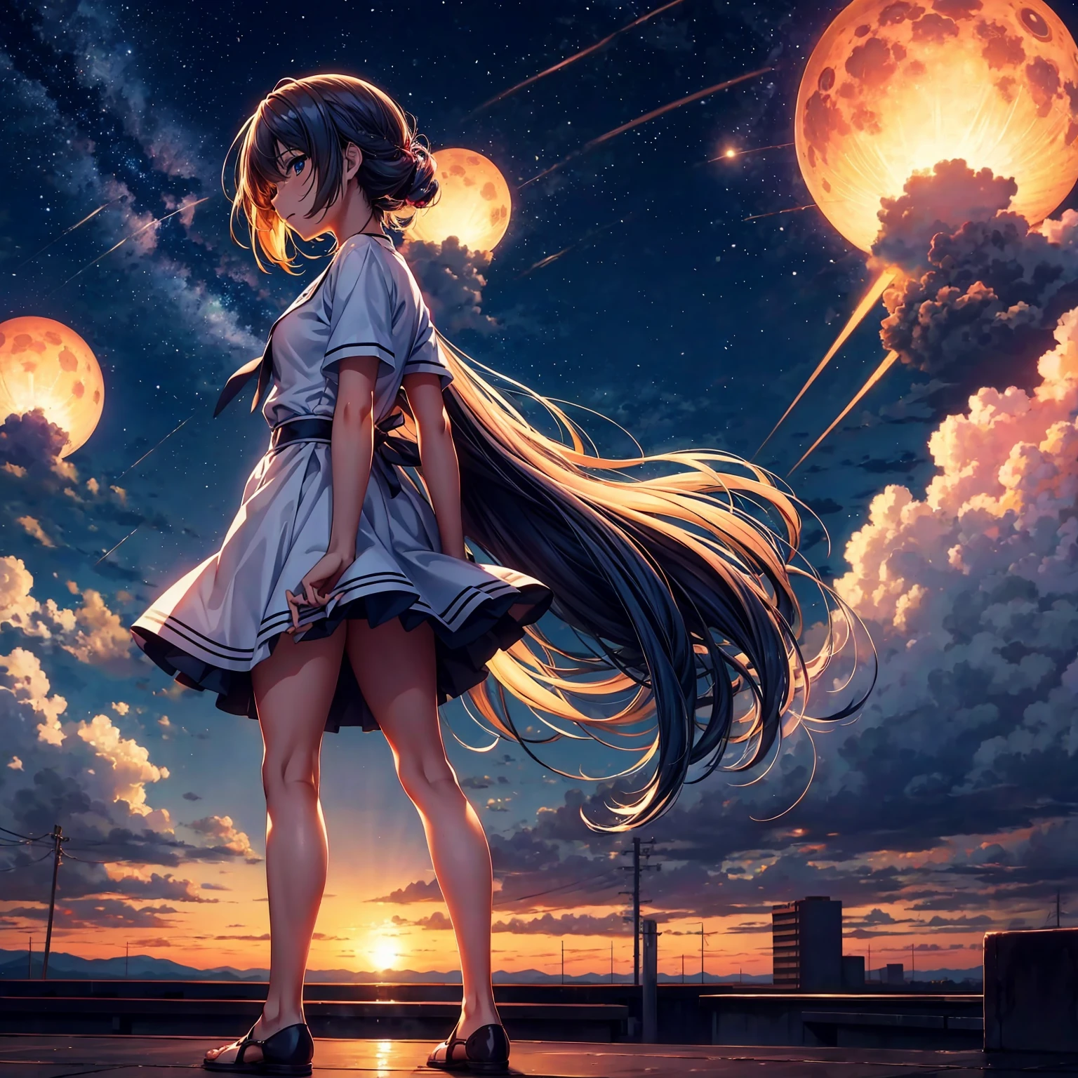 Anime girl standing on rooftop looking at stars and night sky, anime wallpaper 4k, anime wallpaper 4 k, 4k anime wallpaper, Anime art wallpaper 8k, anime art wallpaper 4k, anime art wallpaper 4k, anime style 4 k, makoto shinkai cyril rolando, 4 k manga wallpaper, anime wallpaper, amazing wallpapers, shooting stars