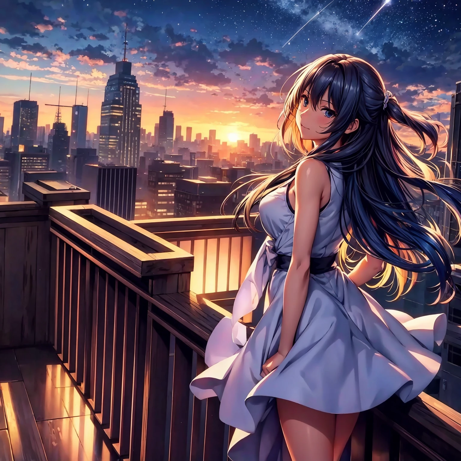 Anime girl standing on rooftop looking at stars and night sky, anime wallpaper 4k, anime wallpaper 4 k, 4k anime wallpaper, Anime art wallpaper 8k, anime art wallpaper 4k, anime art wallpaper 4k, anime style 4 k, makoto shinkai cyril rolando, 4 k manga wallpaper, anime wallpaper, amazing wallpapers, shooting stars