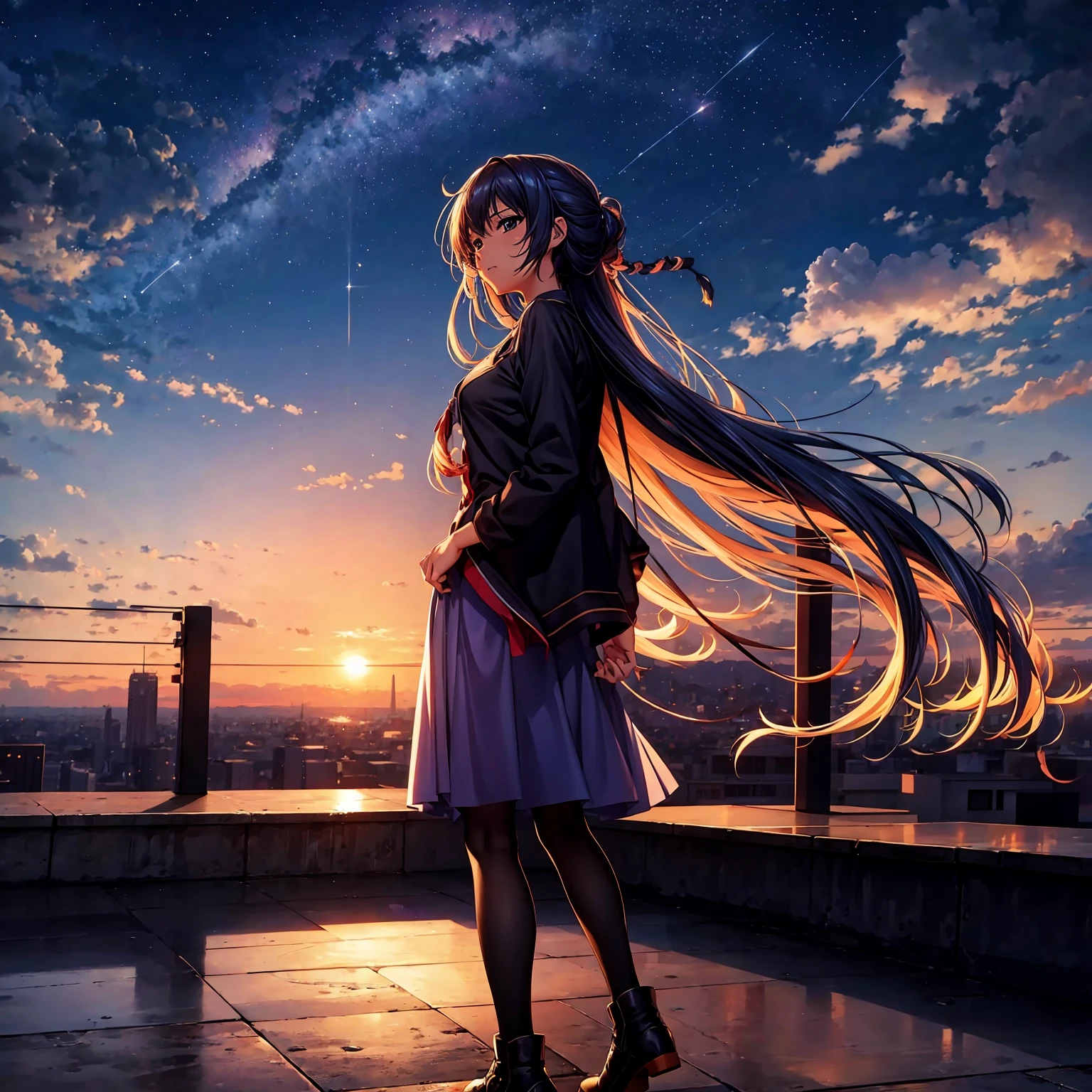 Anime girl standing on rooftop looking at stars and night sky, anime wallpaper 4k, anime wallpaper 4 k, 4k anime wallpaper, Anime art wallpaper 8k, anime art wallpaper 4k, anime art wallpaper 4k, anime style 4 k, makoto shinkai cyril rolando, 4 k manga wallpaper, anime wallpaper, amazing wallpapers, shooting stars