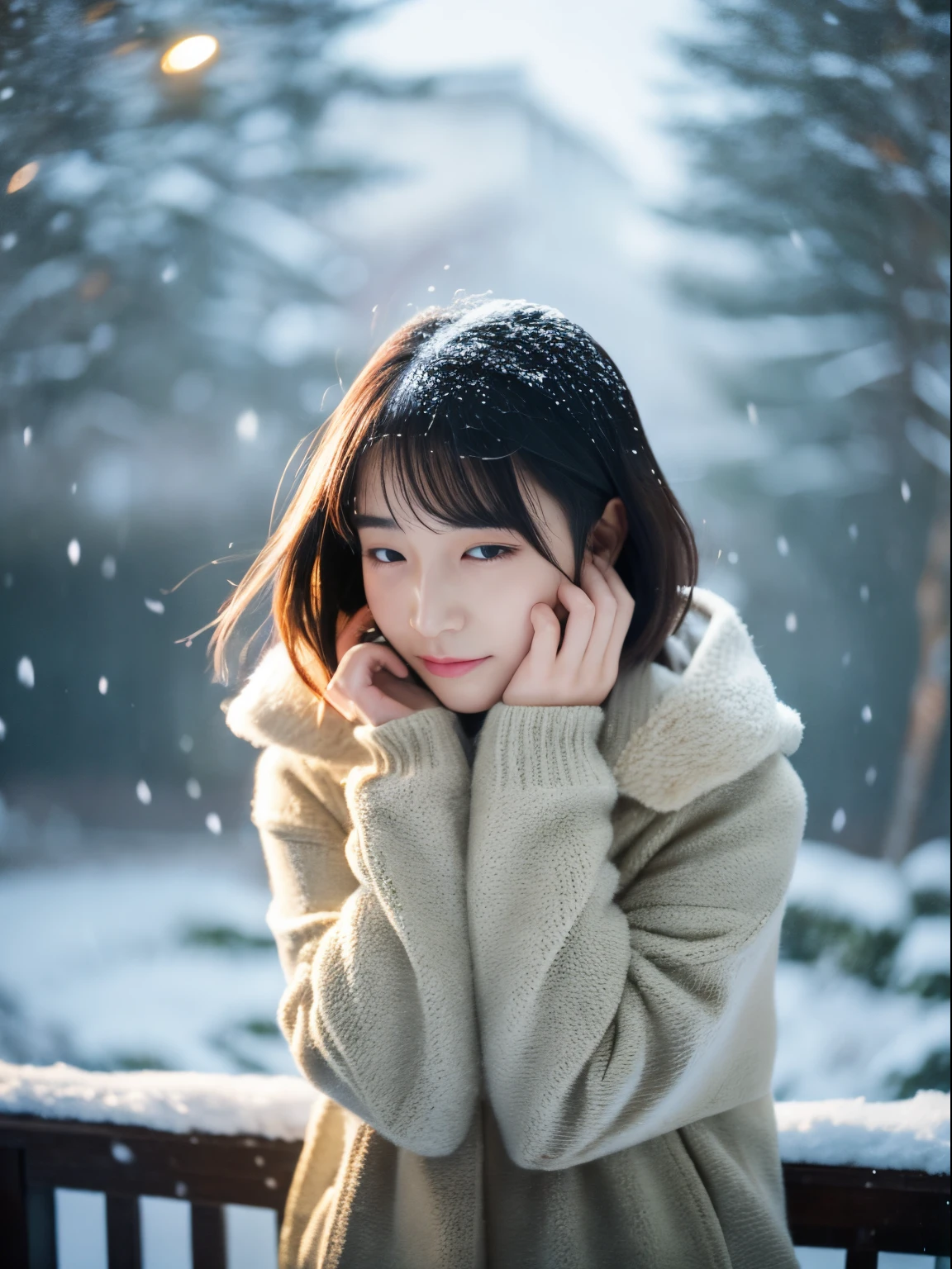 While watching the snow falling quietly. Her introspective and tearful expression、Makes you feel longing and melancholy for winter nights。。。。、top-quality、hyper HD、奈良美智, Japanese Models, Beautiful Japan wife, With short hair, 27-year-old female model, 4 k ], 4K], 27yo, sakimichan, sakimichan