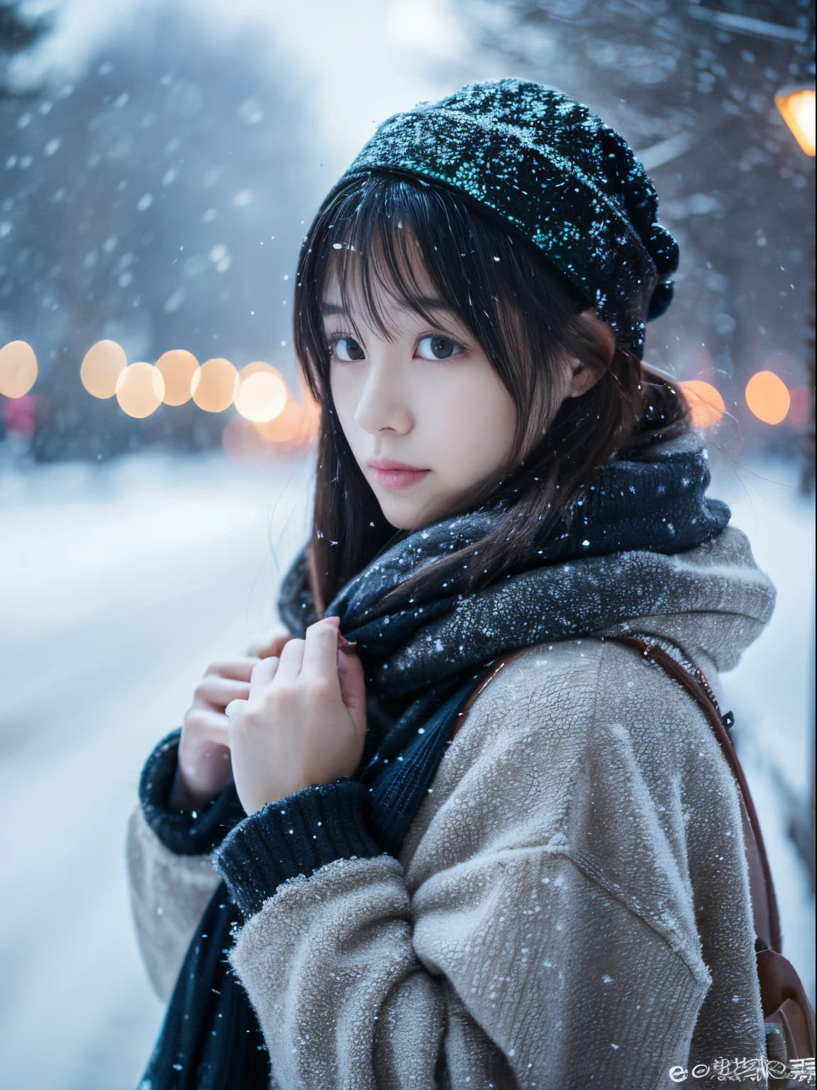 While watching the snow falling quietly. Her introspective and tearful expression、Makes you feel longing and melancholy for winter nights。。。。、top-quality、hyper HD、奈良美智, Japanese Models, Beautiful Japan wife, With short hair, 27-year-old female model, 4 k ], 4K], 27yo, sakimichan, sakimichan