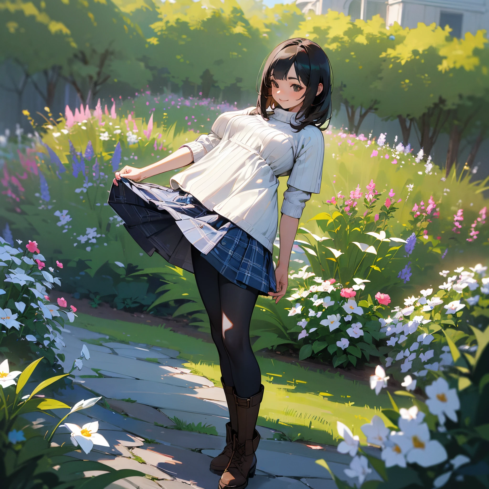 (High quality, High resolution, Ultra-detailed, Realistic:1.37), peaceful ambiance, (plein air, garden), Teenage girl standing alone, (My breasts are big.), Beautiful detailed features, Cute smile, (Black bob hair), Ribbed sweater, blue plaid skirt, Black tights, Brown boots.
