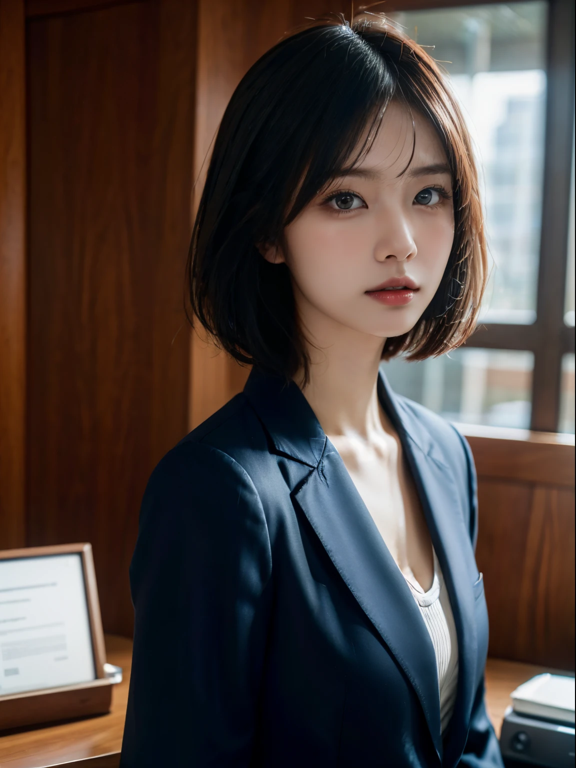 s Office、Portrait of a woman in a business suit, top-quality、hyper HD、奈良美智, Japanese Models, Beautiful Japan Girl, With short hair, 27-year-old female model, 4 k ], 4K], 27yo, sakimichan, sakimichan