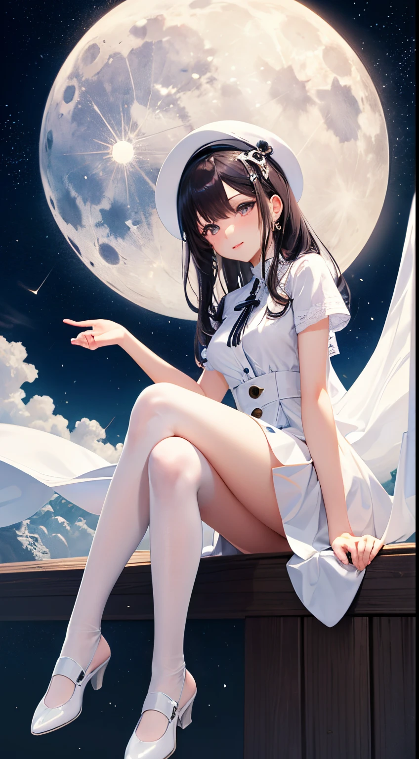 white girl。White clothes。White stockings。White shoes。White moonlight。infatuated girl。Detailed leg details。