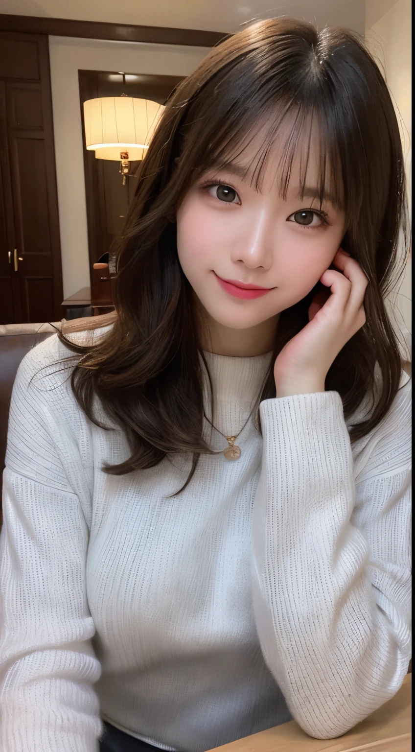 masutepiece, Best Quality, Illustration, Ultra-detailed, finely detail, hight resolution, 8K Wallpaper, Perfect dynamic composition, Beautiful detailed eyes, Winter clothes,Medium Hair,small tits,Natural Color Lip, Bold sexy poses,Smile,living room in luxury house、20 years girl、Cute、Sexy shot looking at camera,Raw photo,Blur the background,perfect and beautiful face and hands,take a photo close to the face